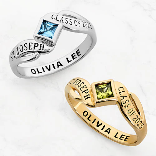 Platinum Plated Women's Bypass Princess Cut Birthstone Fashion Class Ring - Image 5