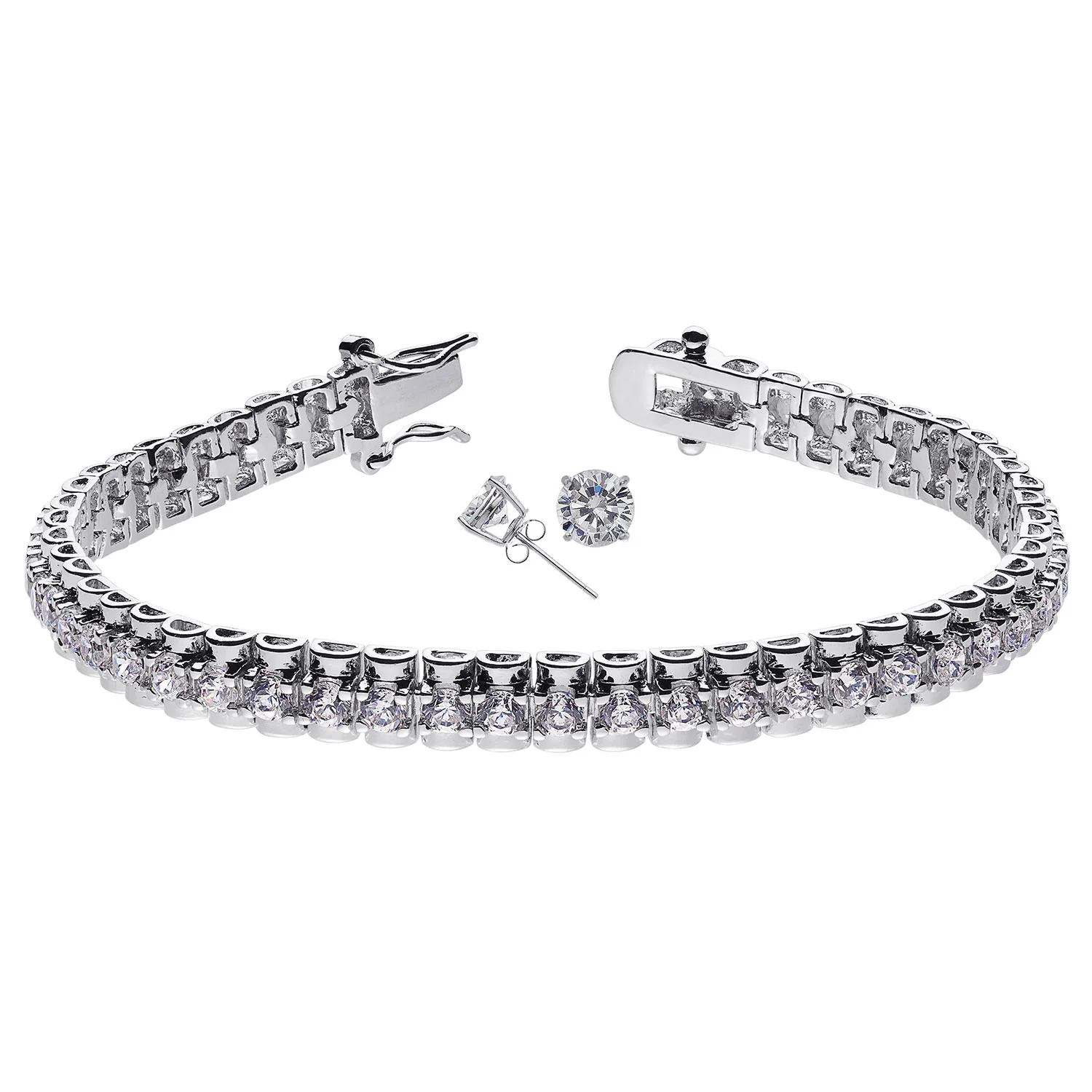 Silver Plated CZ Tennis Bracelet with CZ Stud Earrings - Image 3