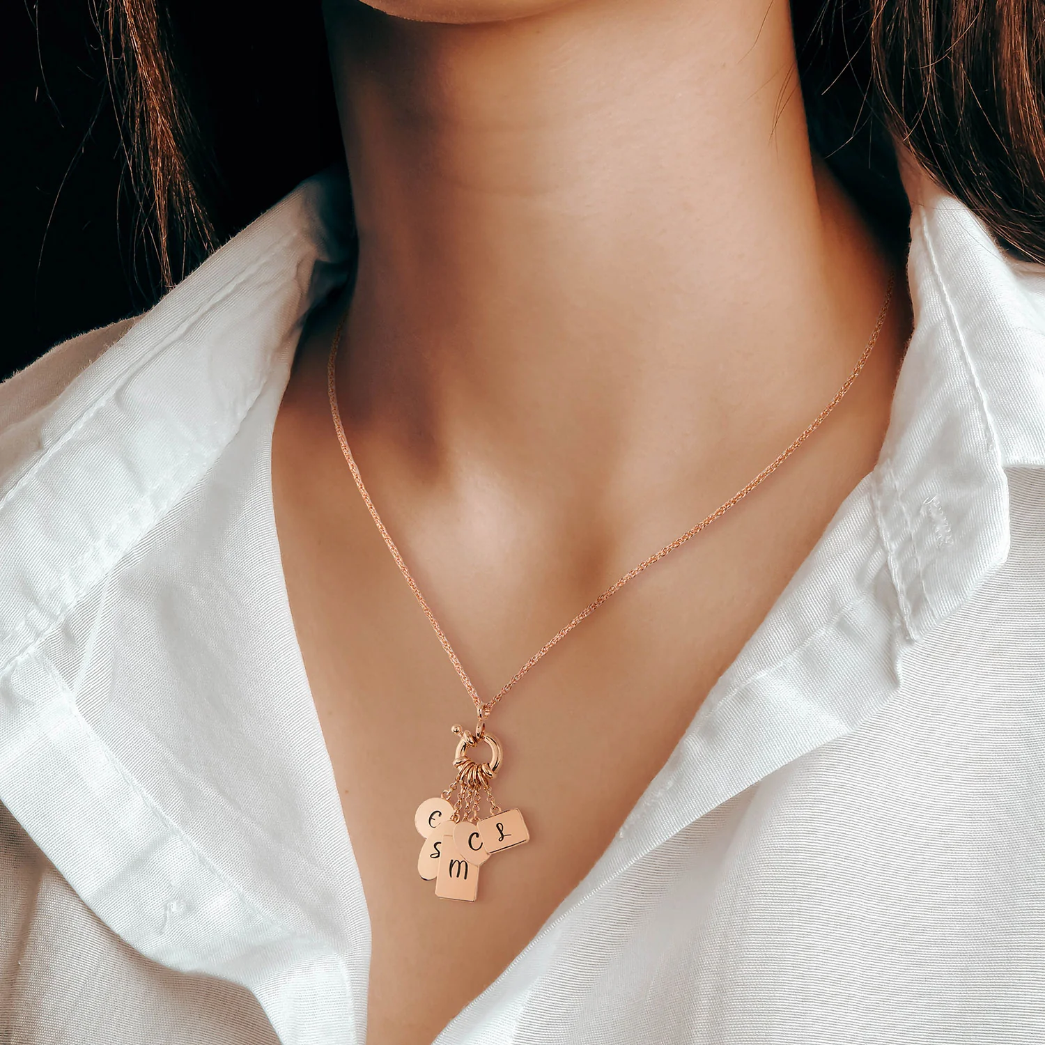 Rose Gold Multishape Engraved Charm Cluster Necklace - 3 to 5 Initials - Image 2