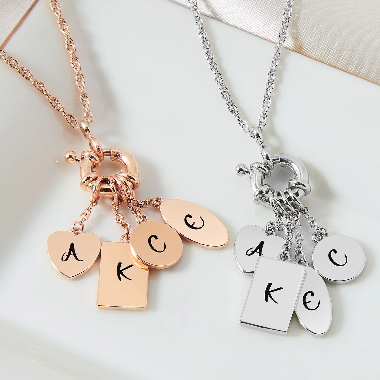 Rose Gold Multishape Engraved Charm Cluster Necklace - 3 to 5 Initials - Image 6