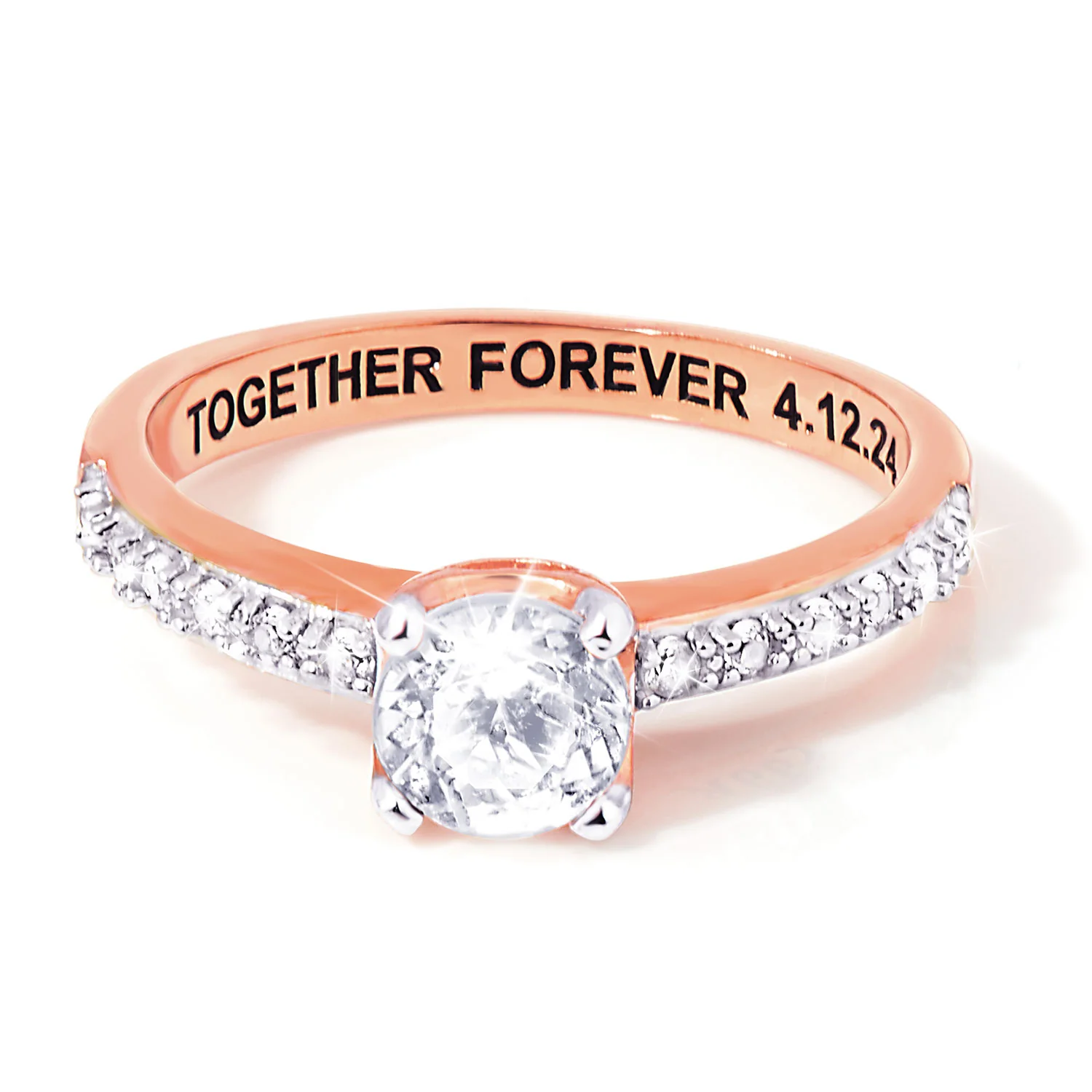 Rose Gold over Sterling Brillant White Topaz Open Heart Engraved Wedding Ring