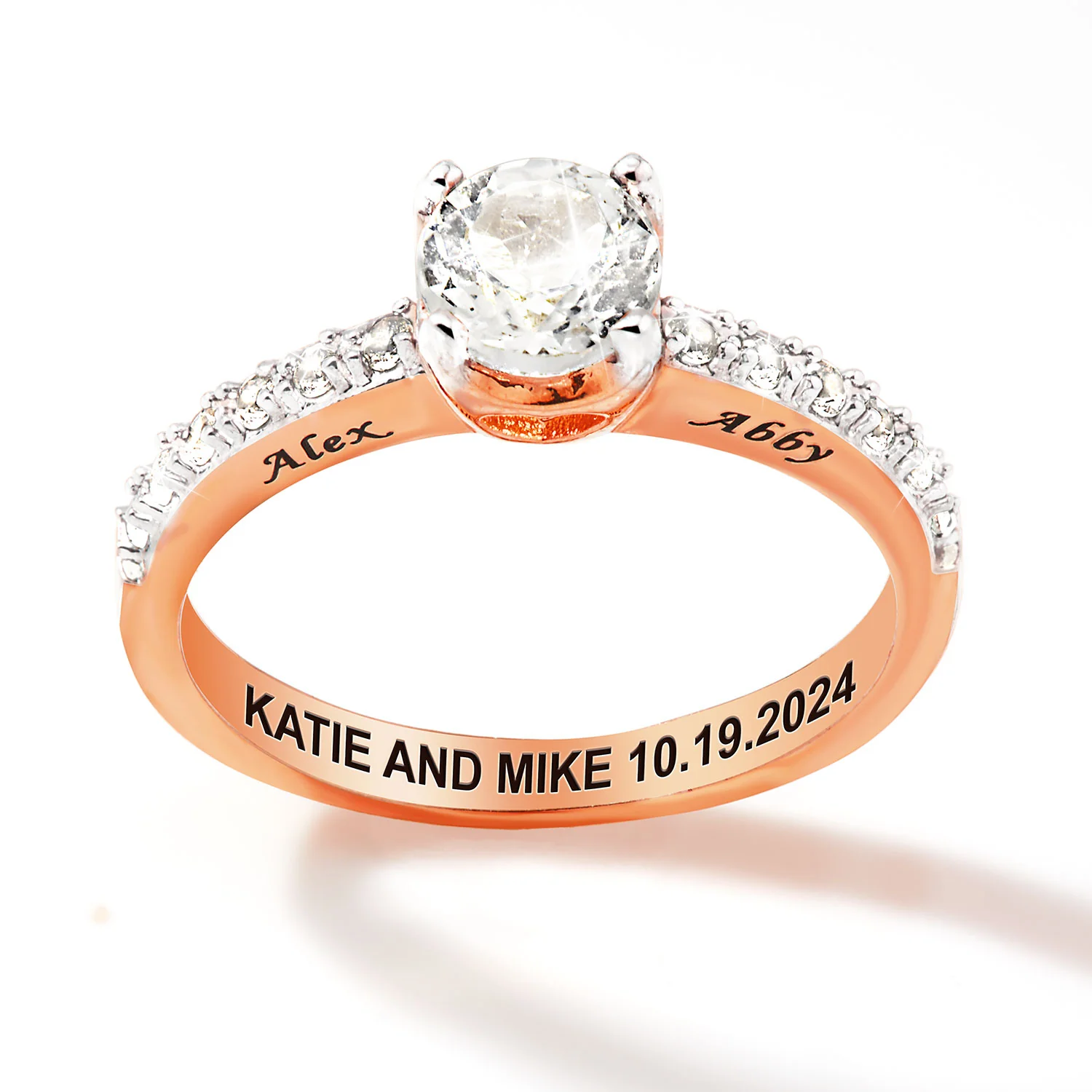 Rose Gold over Sterling Brillant White Topaz Open Heart Engraved Wedding Ring - Image 3