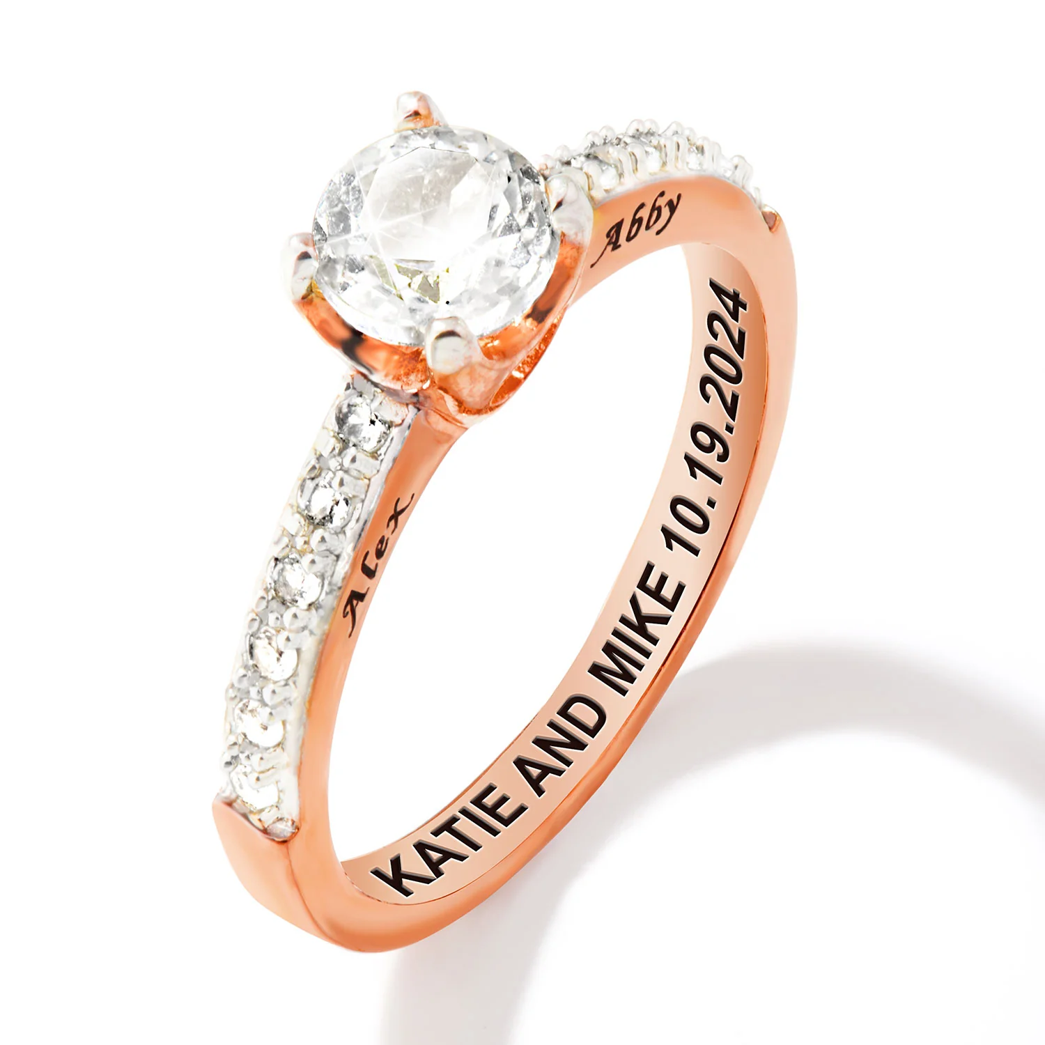 Rose Gold over Sterling Brillant White Topaz Open Heart Engraved Wedding Ring - Image 4