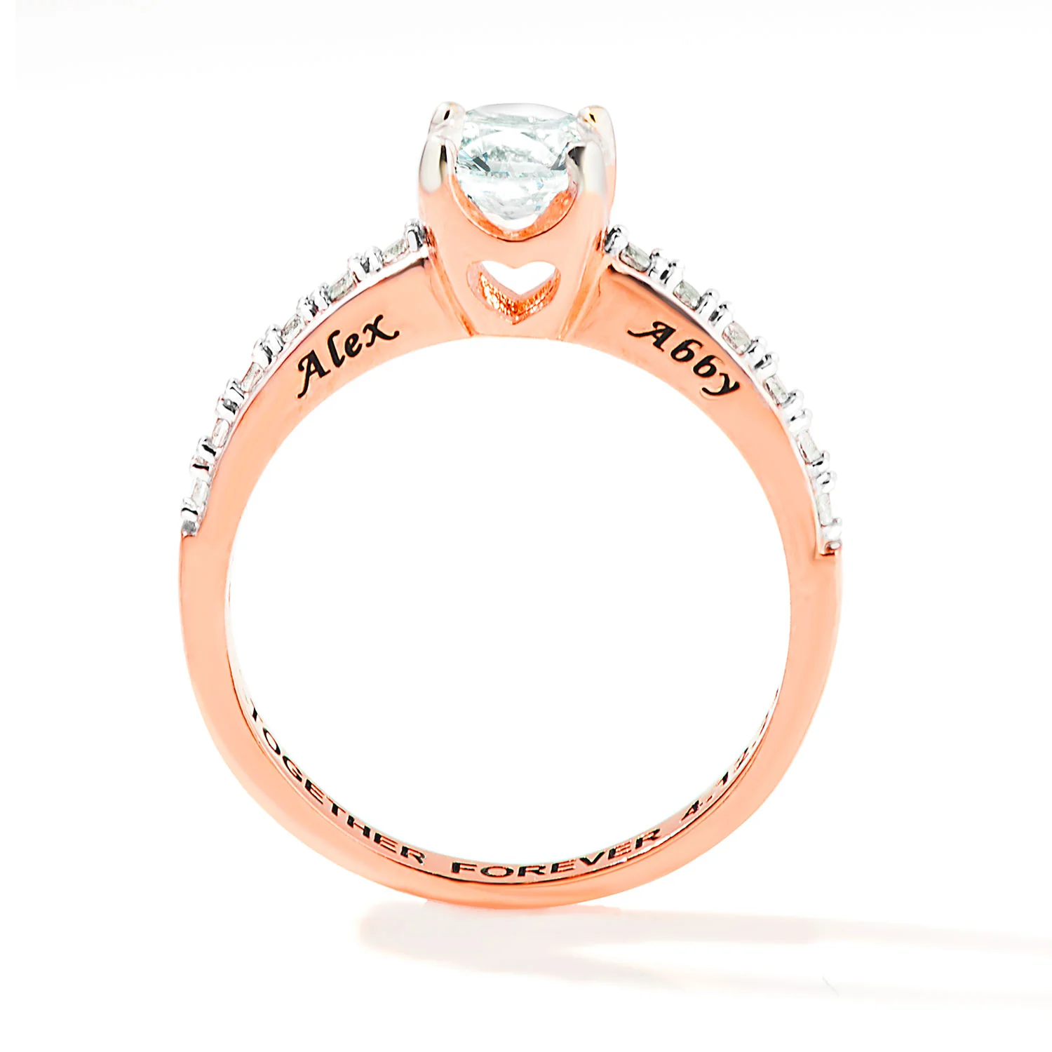Rose Gold over Sterling Brillant White Topaz Open Heart Engraved Wedding Ring - Image 5