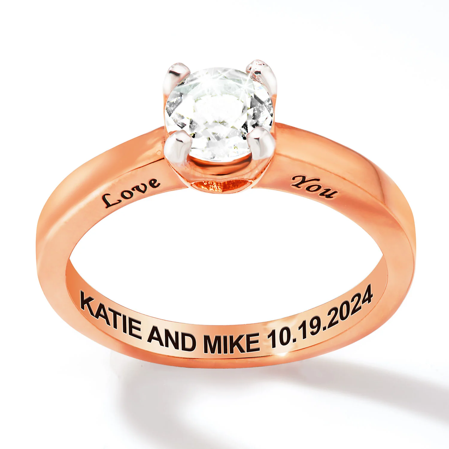 Rose Gold over Sterling Brillant White Topaz Solitaire Open Heart Engraved Wedding Ring - Image 3