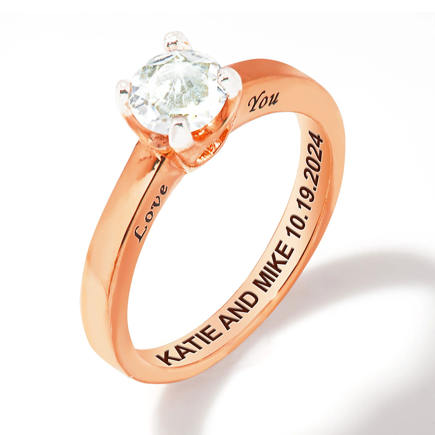 Rose Gold over Sterling Brillant White Topaz Solitaire Open Heart Engraved Wedding Ring - Image 4