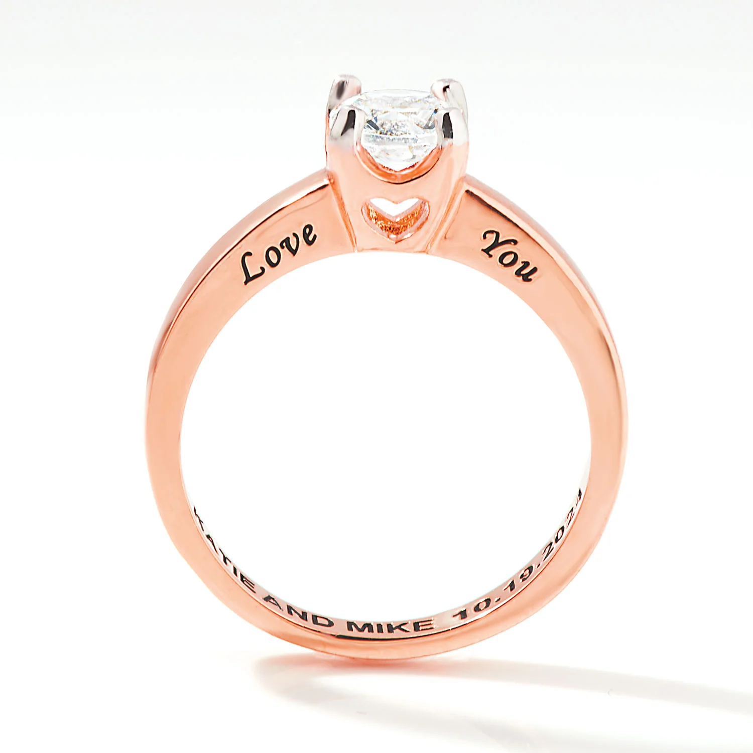 Rose Gold over Sterling Brillant White Topaz Solitaire Open Heart Engraved Wedding Ring - Image 5