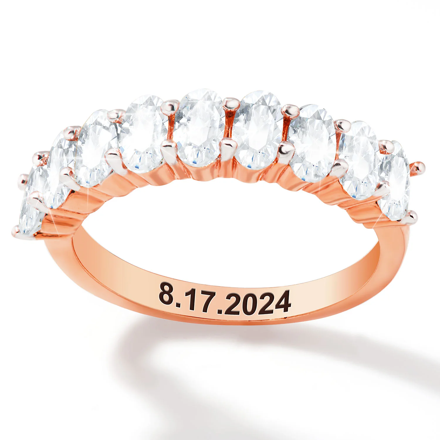 Rose Gold over Sterling Engraved Oval Half Eternity White Topaz Ring - Image 3