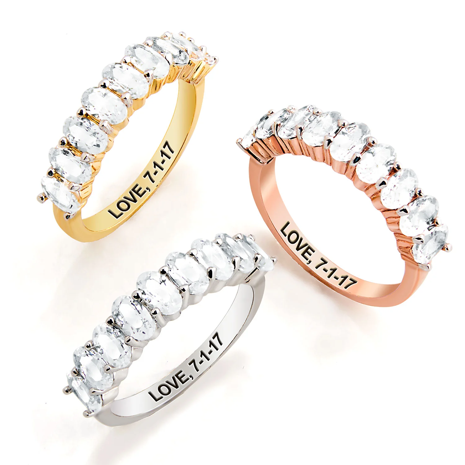 Rose Gold over Sterling Engraved Oval Half Eternity White Topaz Ring - Image 6