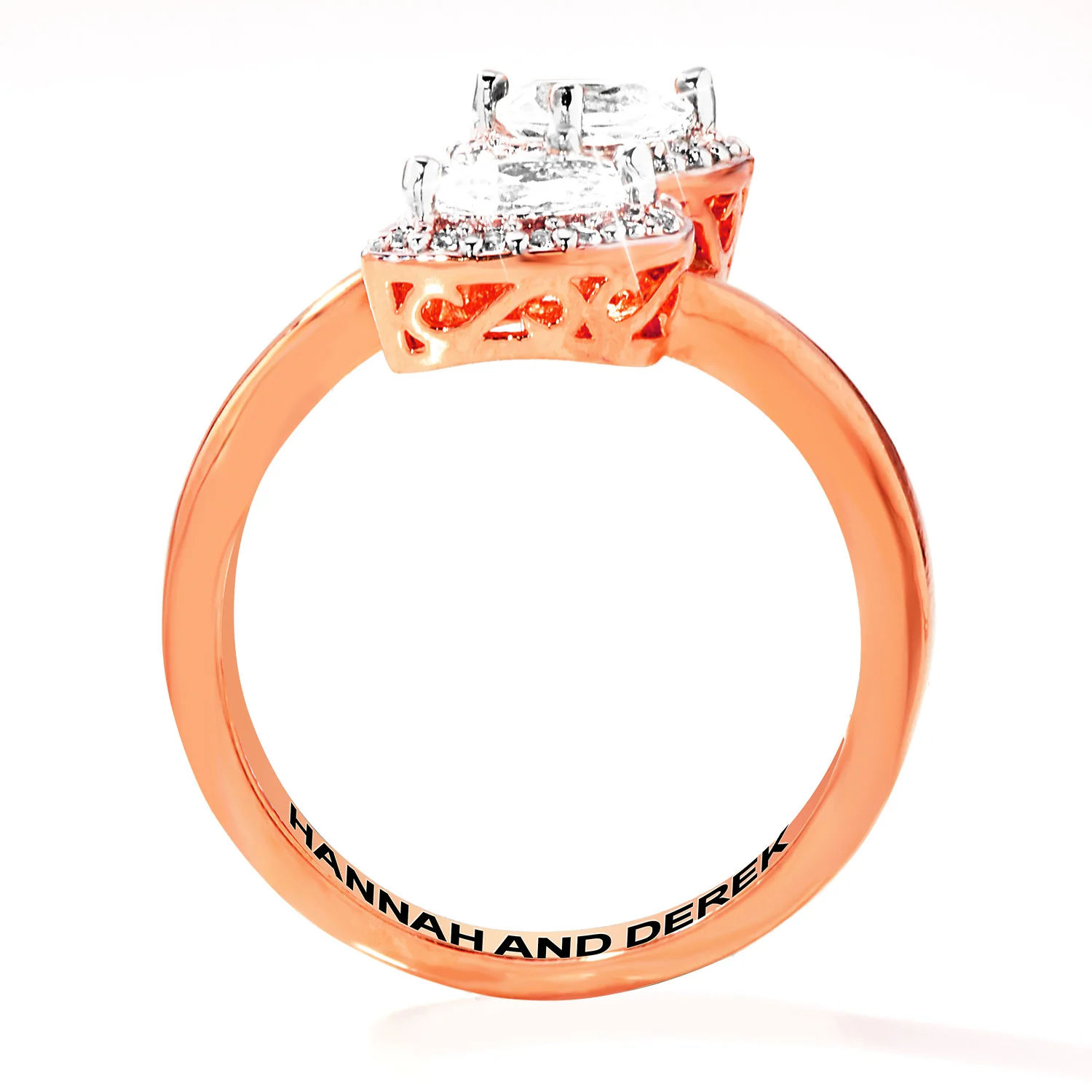 Rose Gold over Sterling Halo Pear White Topaz Engraved Bypass Ring - Image 4