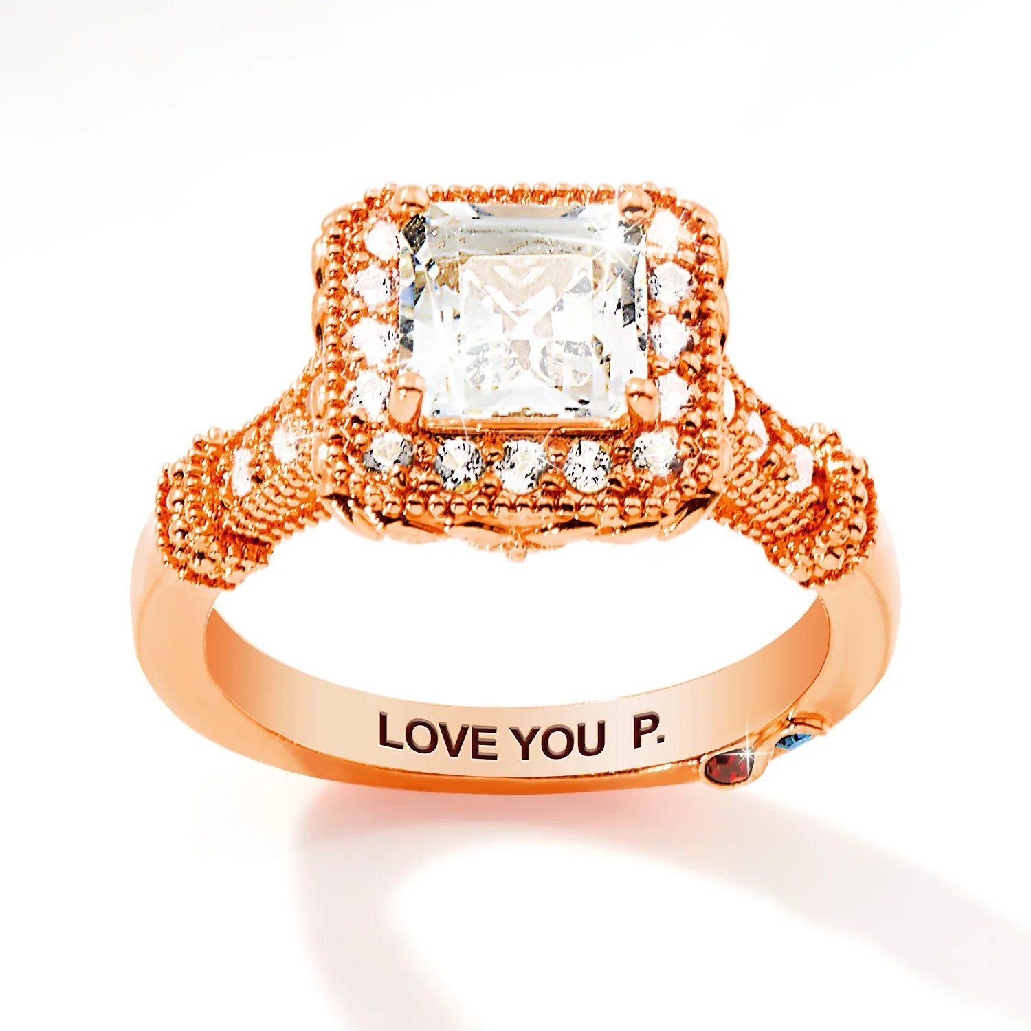 Rose Gold over Sterling Halo Square White Topaz Vintage Hidden Messages Birthstone Ring - Image 4