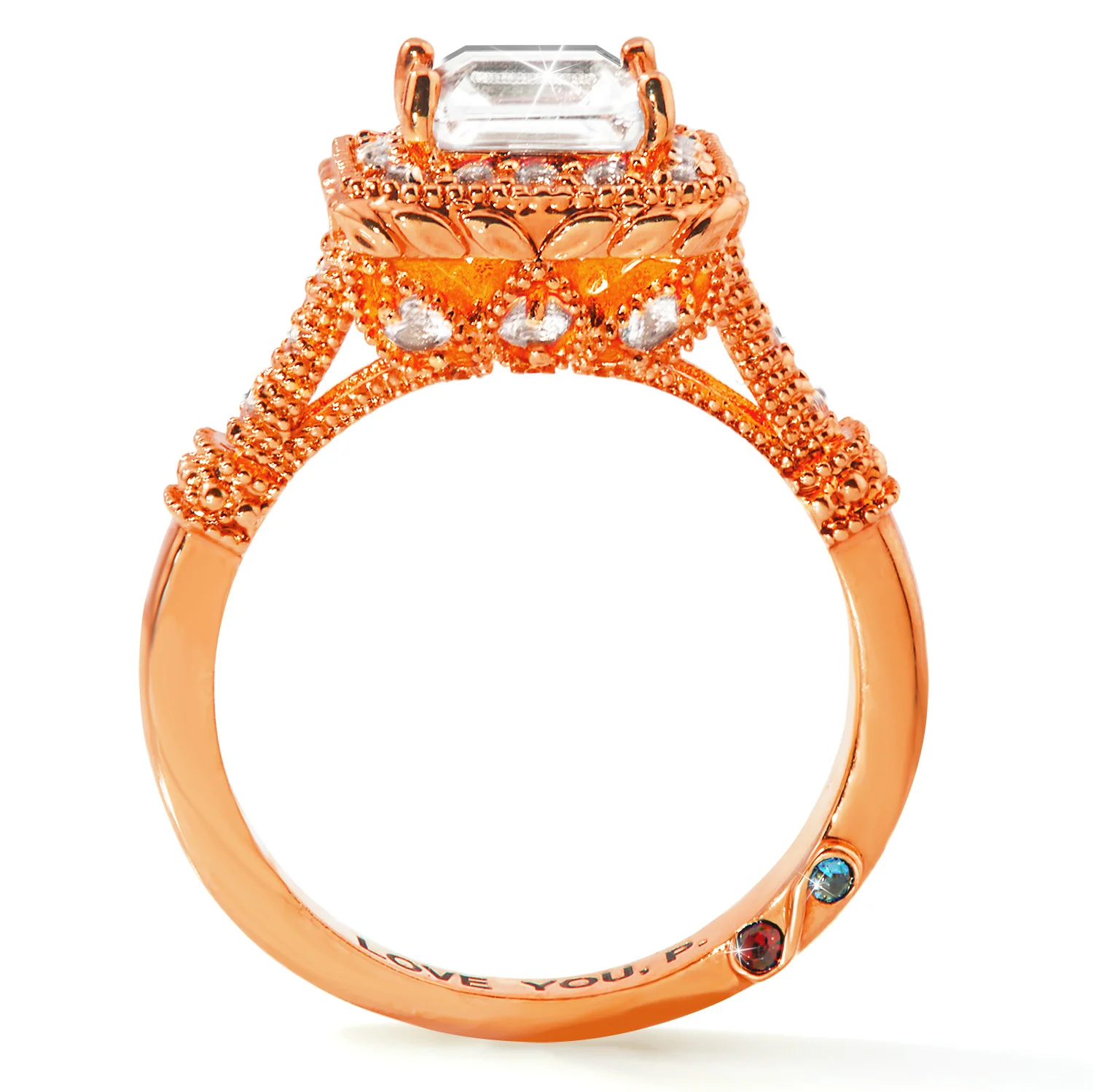Rose Gold over Sterling Halo Square White Topaz Vintage Hidden Messages Birthstone Ring - Image 6