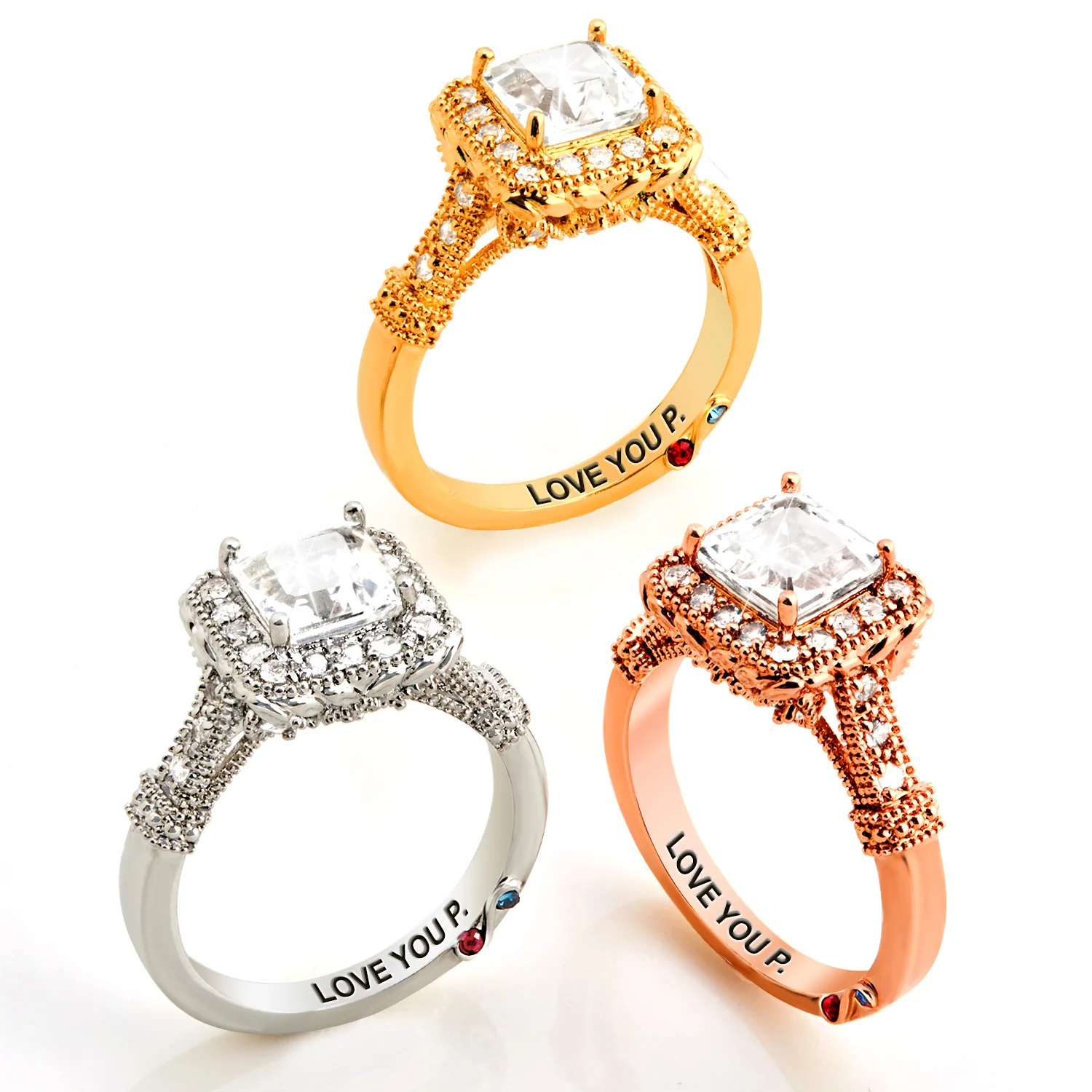 Rose Gold over Sterling Halo Square White Topaz Vintage Hidden Messages Birthstone Ring - Image 8