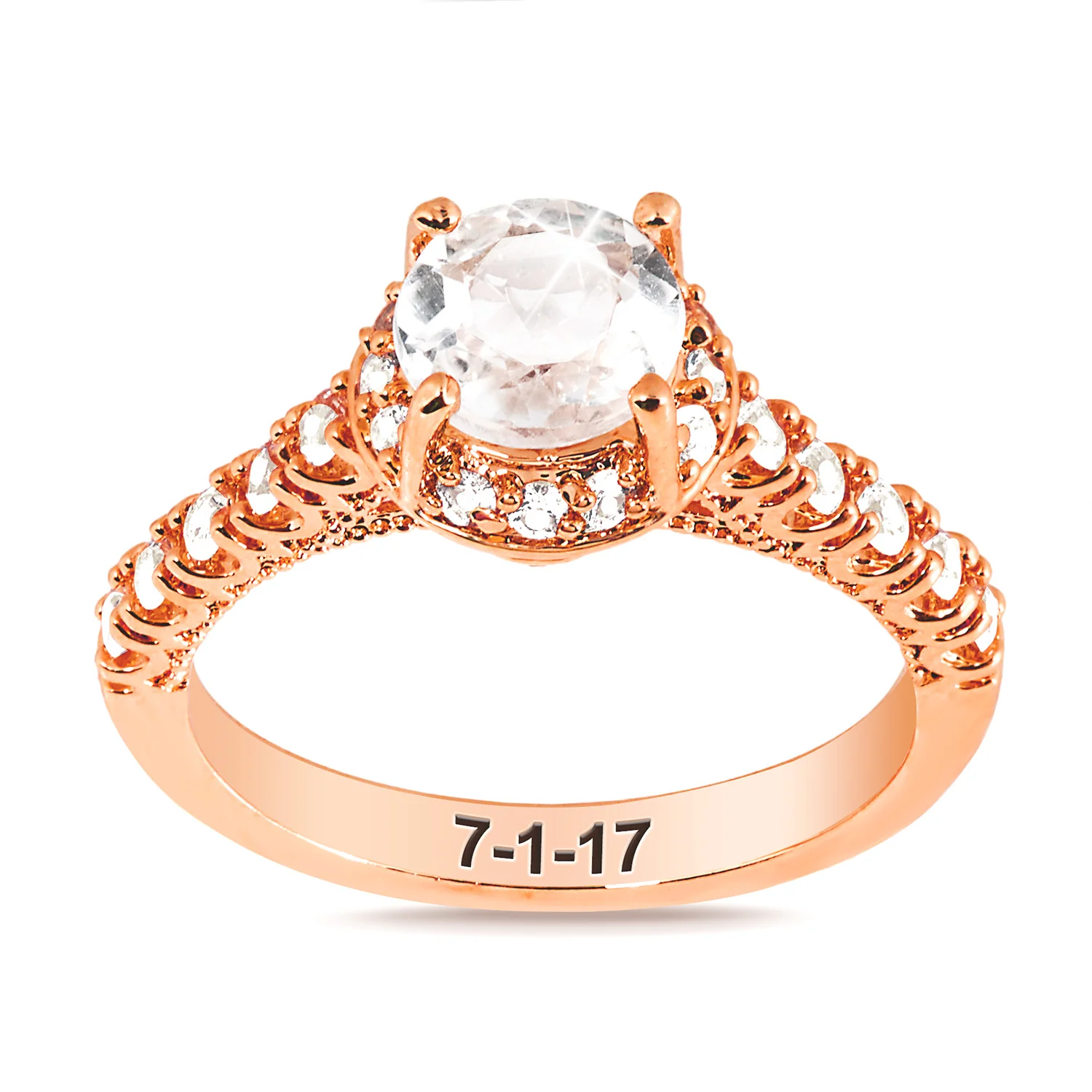 Rose Gold over Sterling Hidden Halo and Birthstone White Topaz Solitaire Engraved Engagement Ring - Image 3