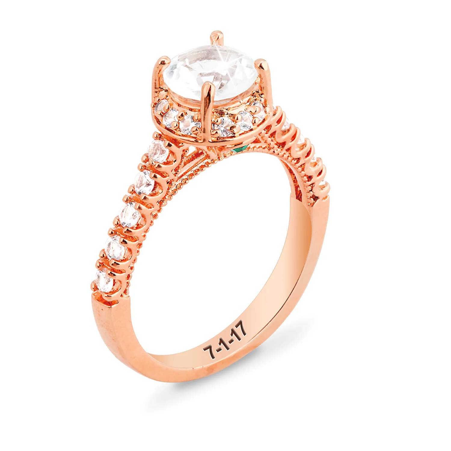 Rose Gold over Sterling Hidden Halo and Birthstone White Topaz Solitaire Engraved Engagement Ring - Image 5