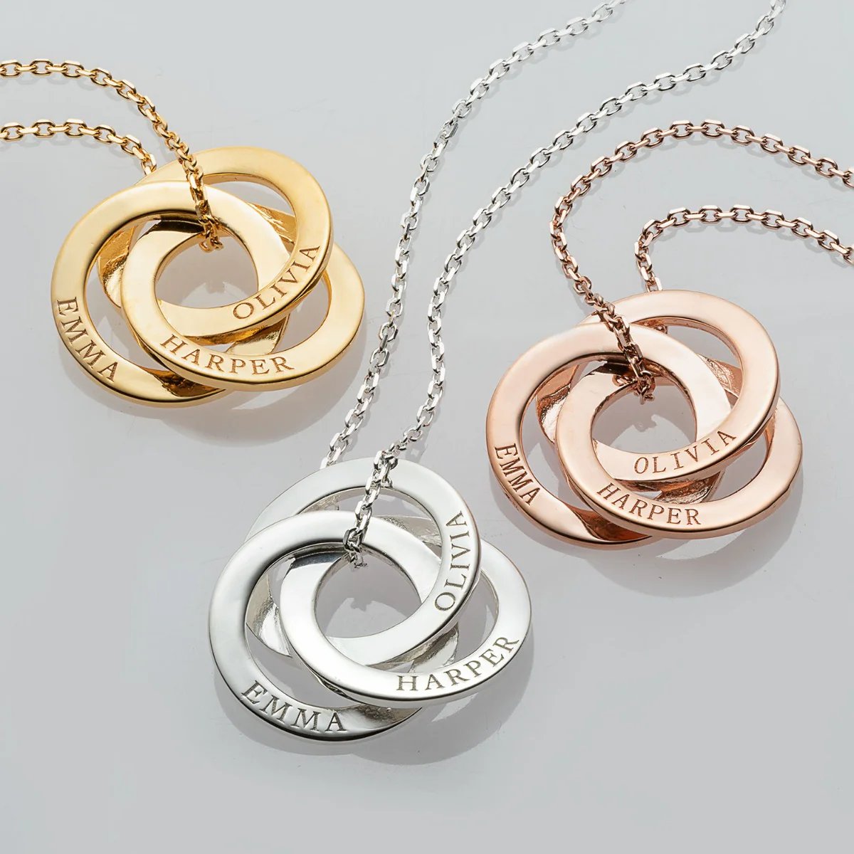 14K Rose Gold over Sterling Interlocking Rings Engraved Names Necklace - Image 4