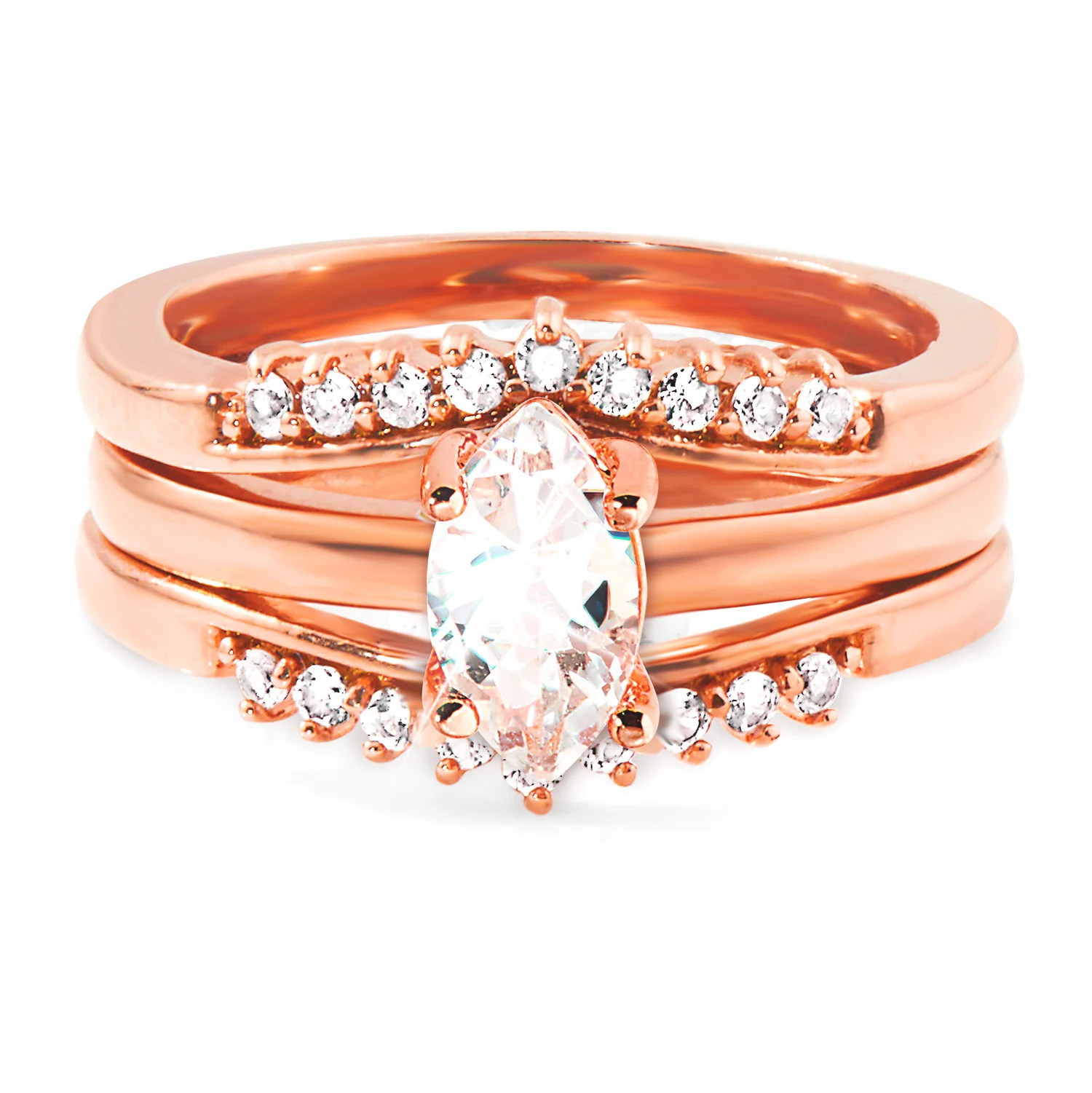 Rose Gold over Sterling Marquise White Topaz Solitaire with Enhancer Engraved Engagement Ring Set