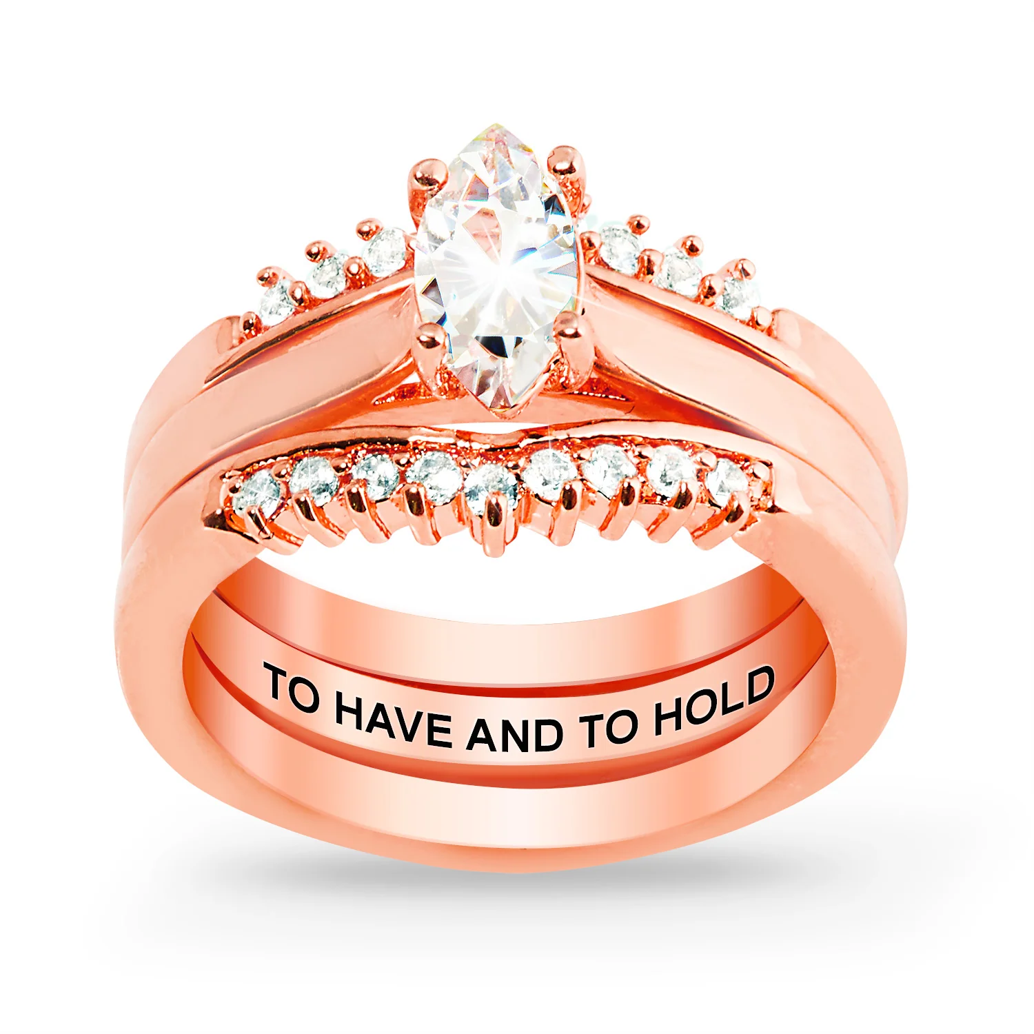 Rose Gold over Sterling Marquise White Topaz Solitaire with Enhancer Engraved Engagement Ring Set - Image 3