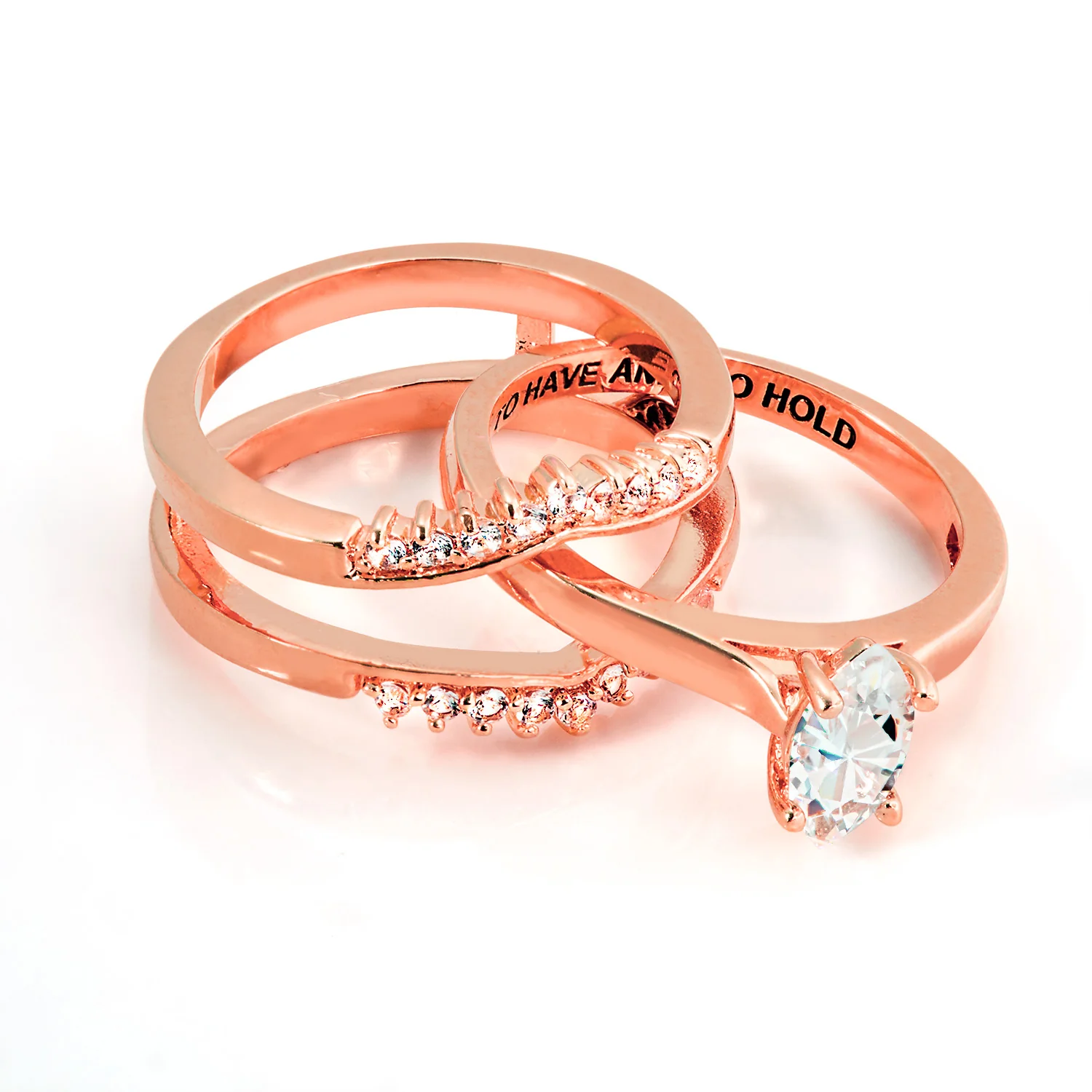 Rose Gold over Sterling Marquise White Topaz Solitaire with Enhancer Engraved Engagement Ring Set - Image 7