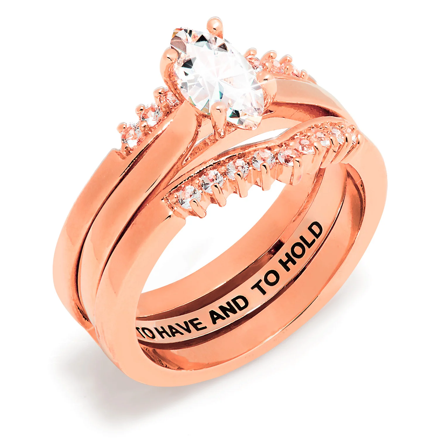 Rose Gold over Sterling Marquise White Topaz Solitaire with Enhancer Engraved Engagement Ring Set - Image 8