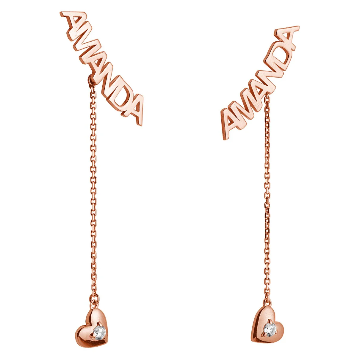 14K Rose Gold over Sterling Name with Birthstone Heart Dangle Crawler Earrings - Image 3