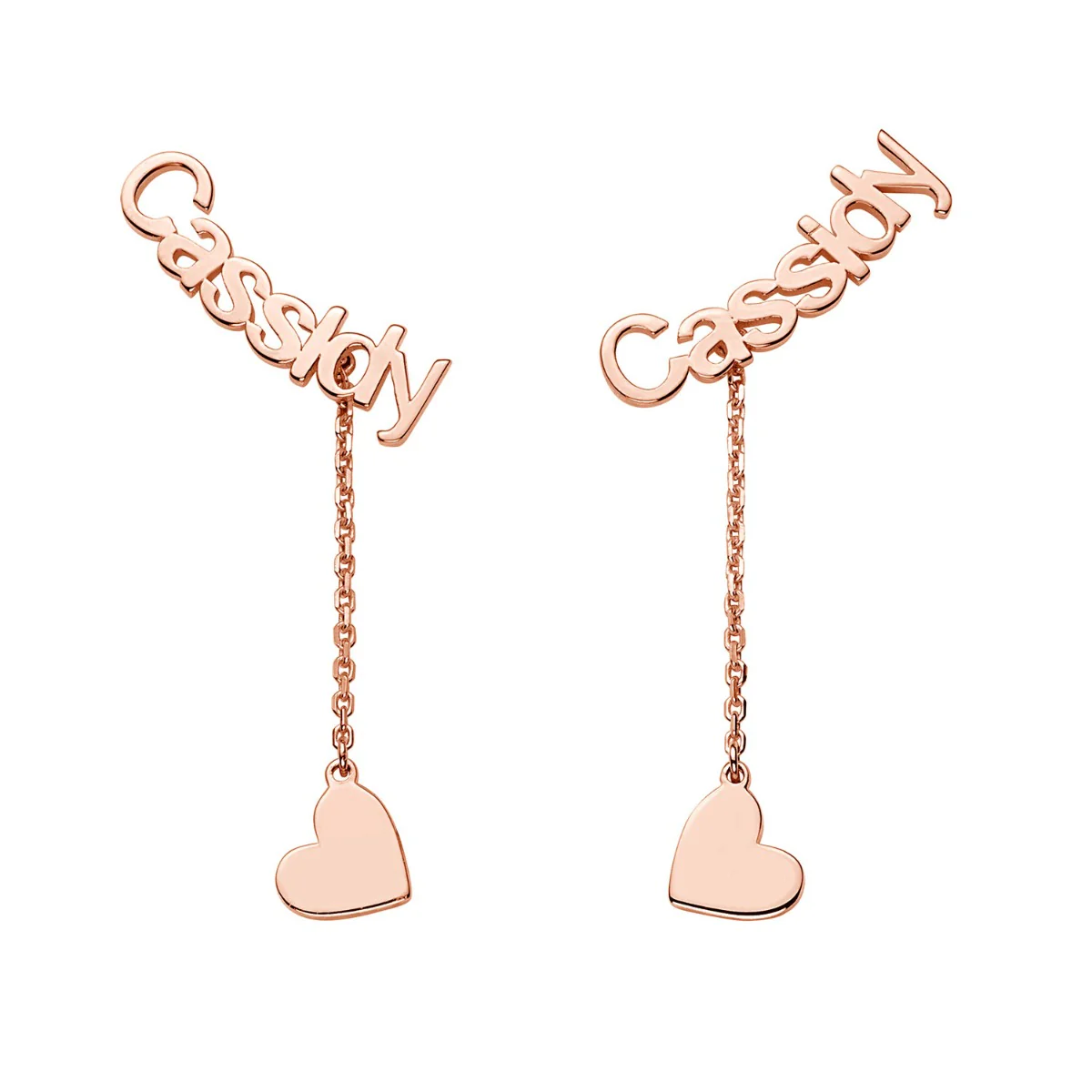 14K Rose Gold over Sterling Name with Heart Charm Dangle Crawler Earrings