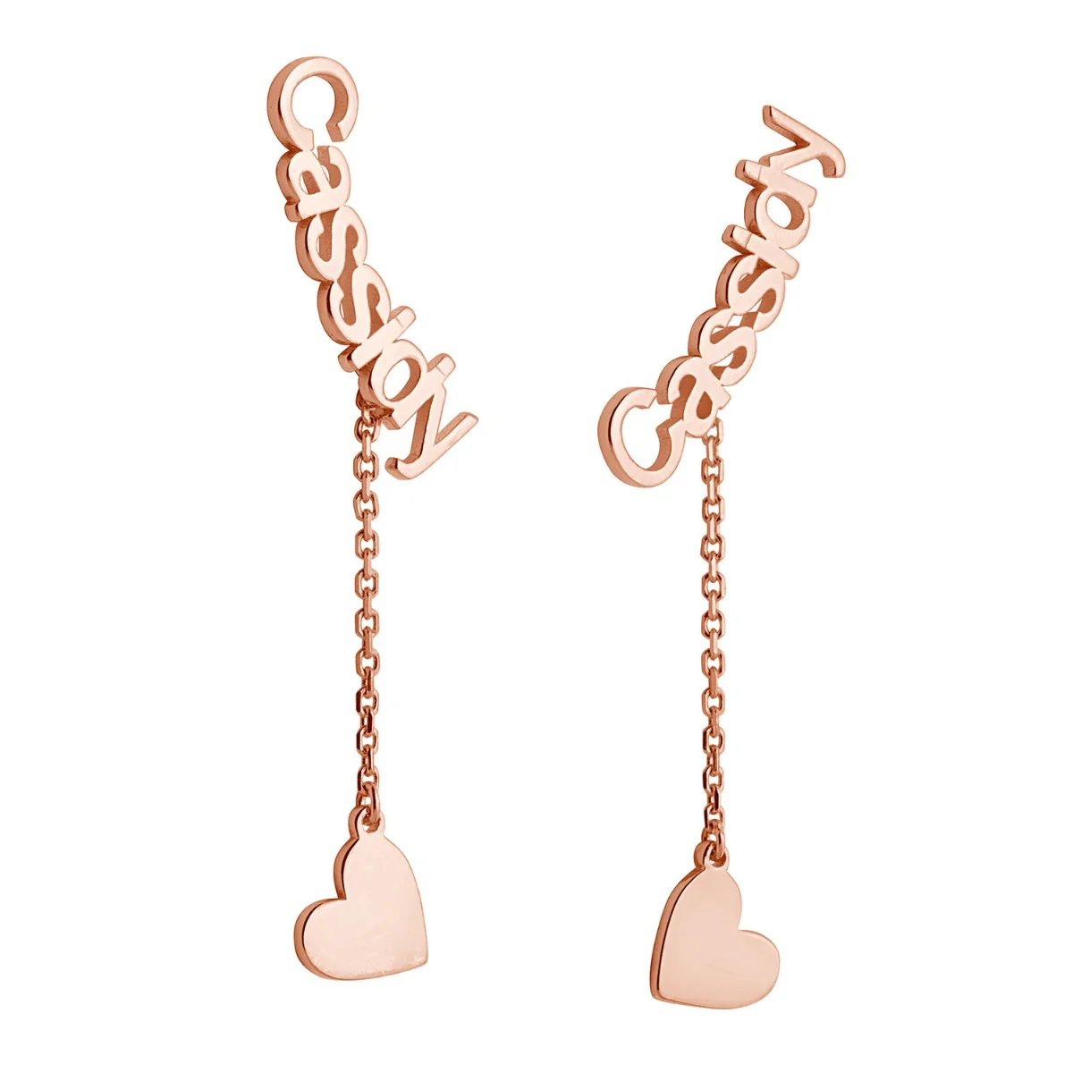 14K Rose Gold over Sterling Name with Heart Charm Dangle Crawler Earrings - Image 3