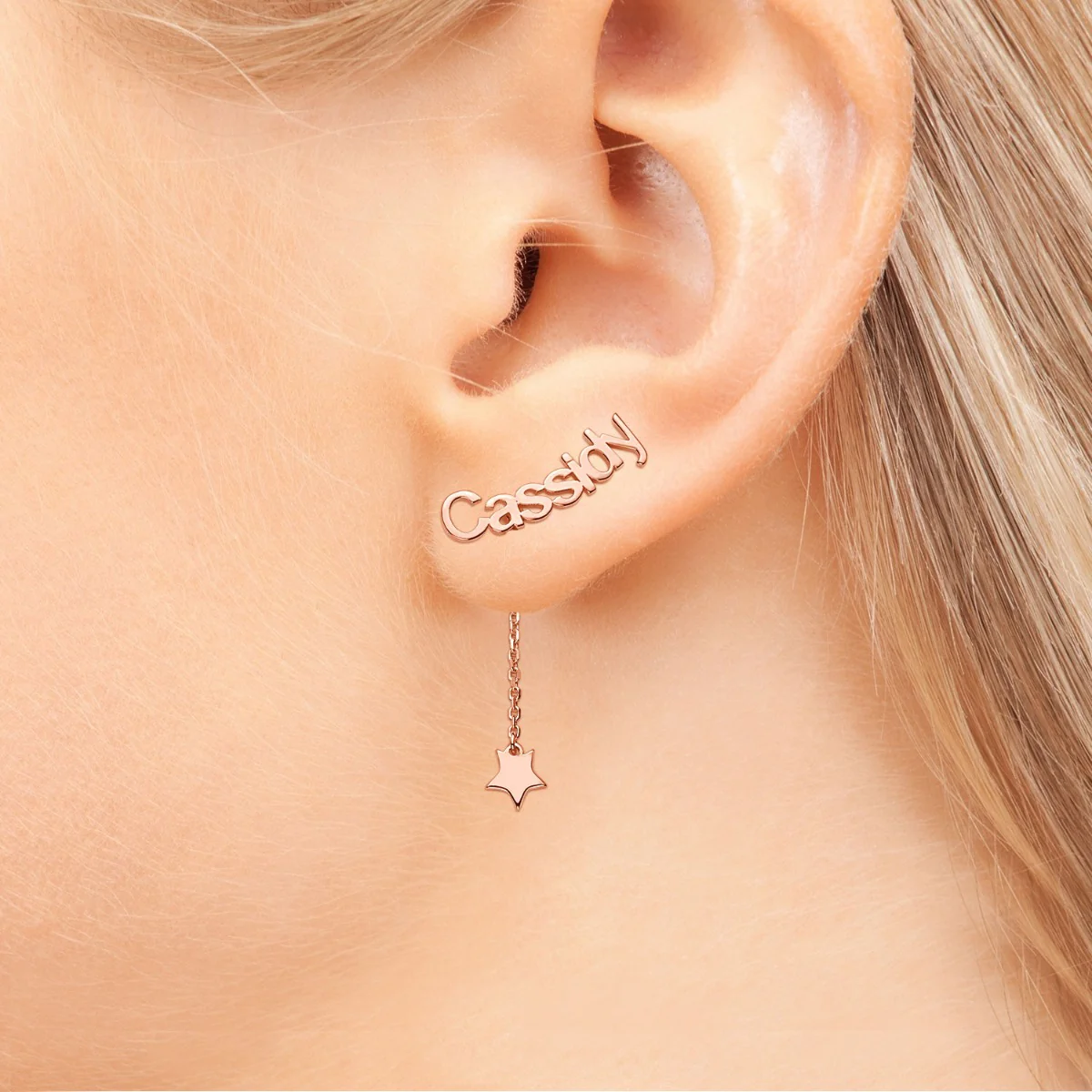 14K Rose Gold over Sterling Name with Star Charm Dangle Crawler Earrings - Image 2