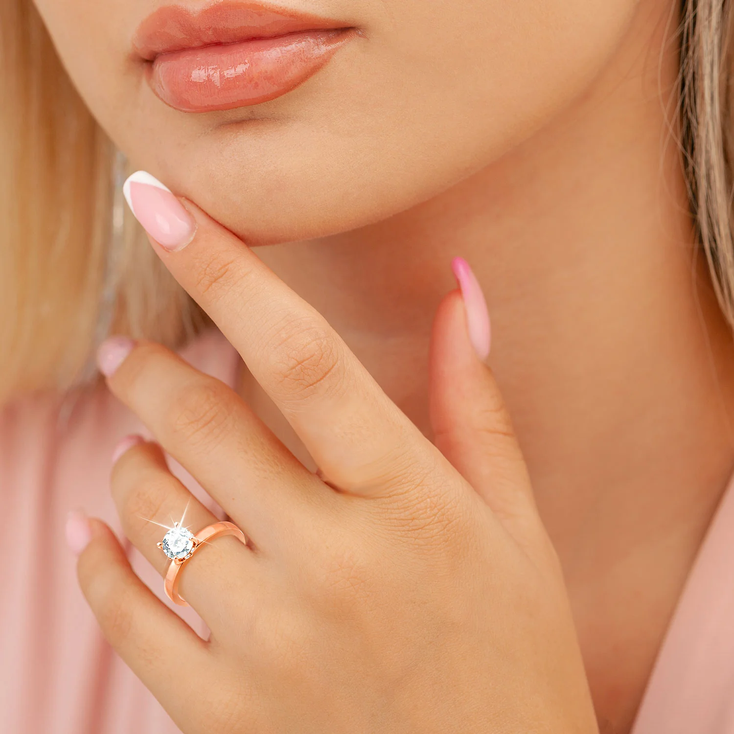 Rose Gold over Sterling Round Hidden Halo White Topaz Hidden Birthstone Engagement Ring - Image 2