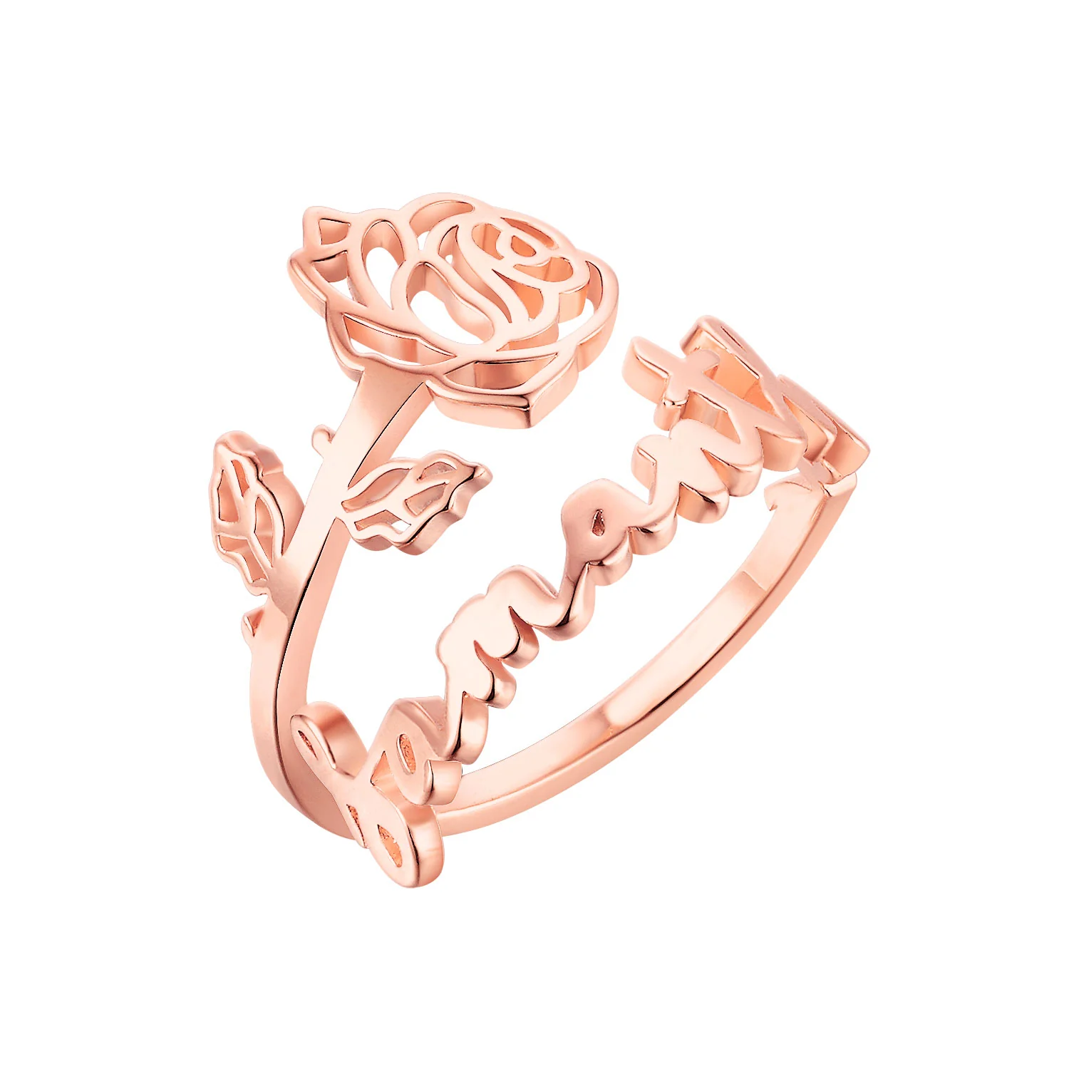 Rose Gold over Sterling Script Name and Birthmonth Flower Bypass Ring - Image 3