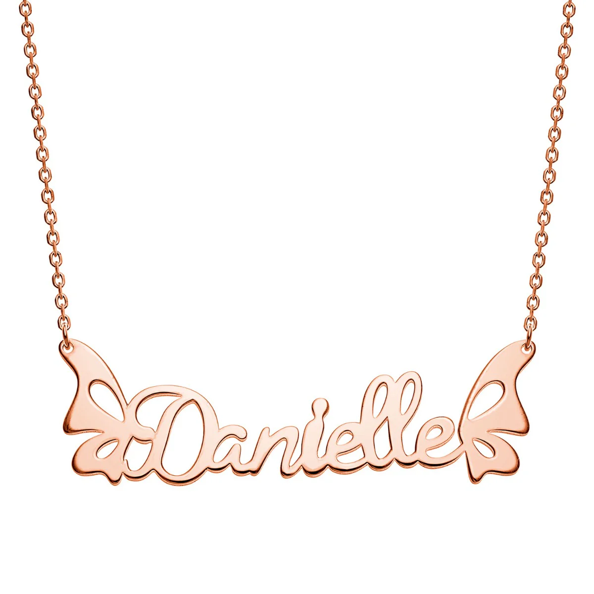 14K Rose Gold over Sterling Script Name With Butterflies Necklace