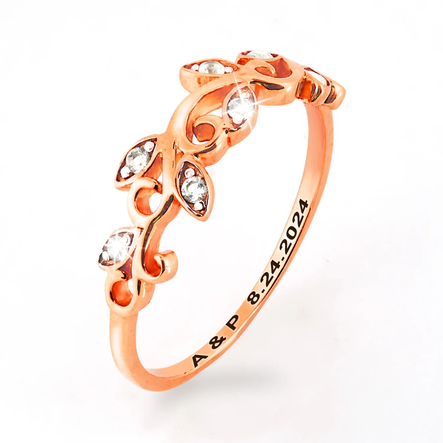 Rose Gold over Sterling Scroll Leaf White Topaz Band Ring - Image 3