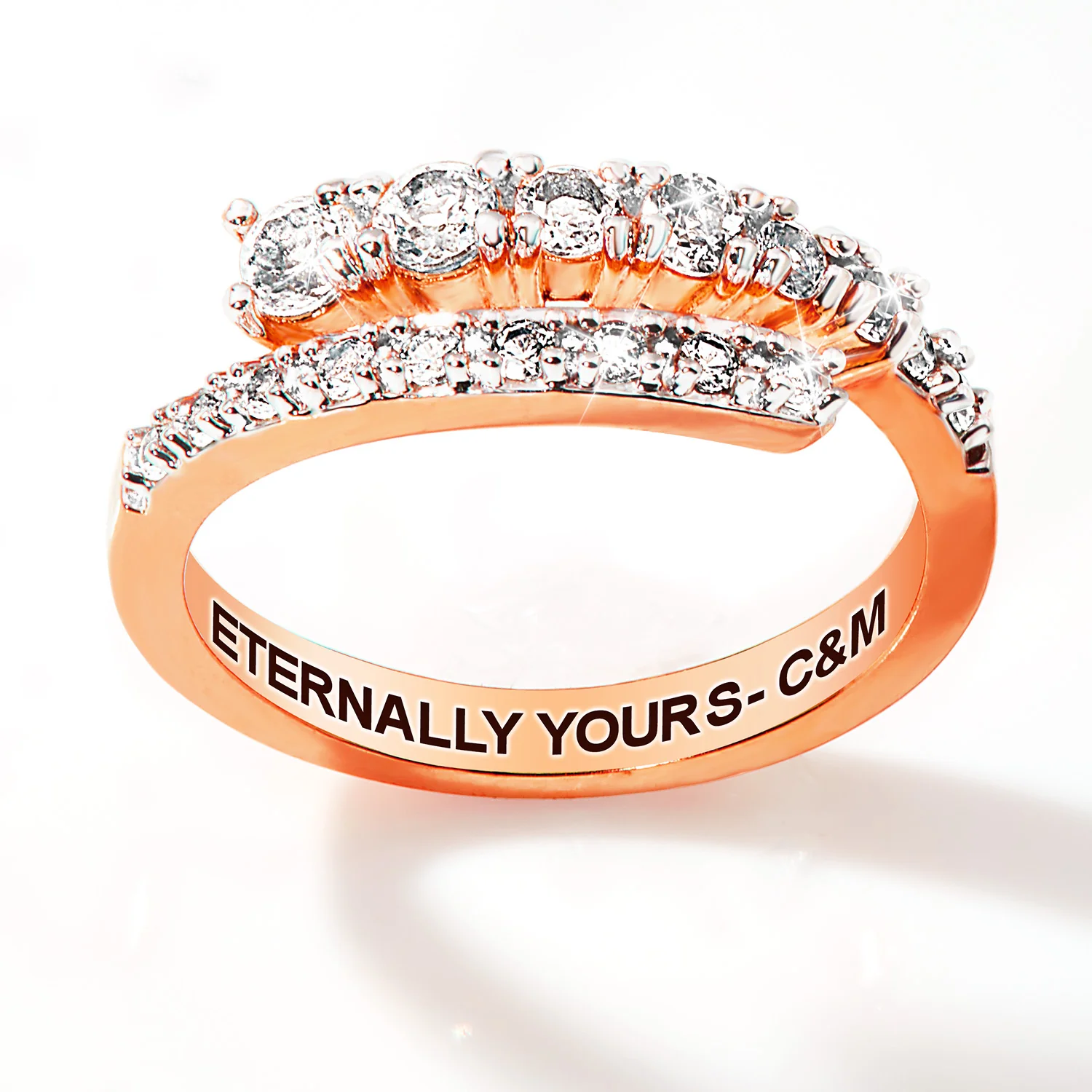 Rose Gold over Sterling Silver Engraved White Topaz Bypass Ring - Image 4