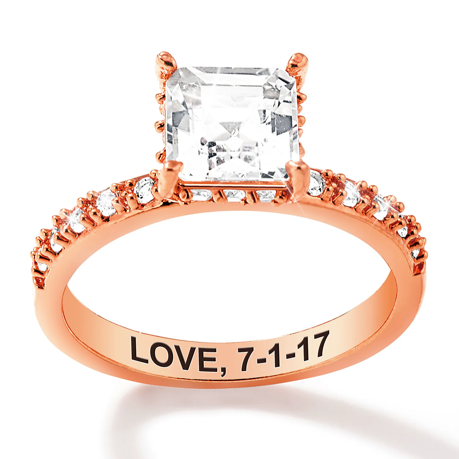 Rose Gold over Sterling Square Hidden Halo White Topaz Pave Band Engagement Ring - Image 3