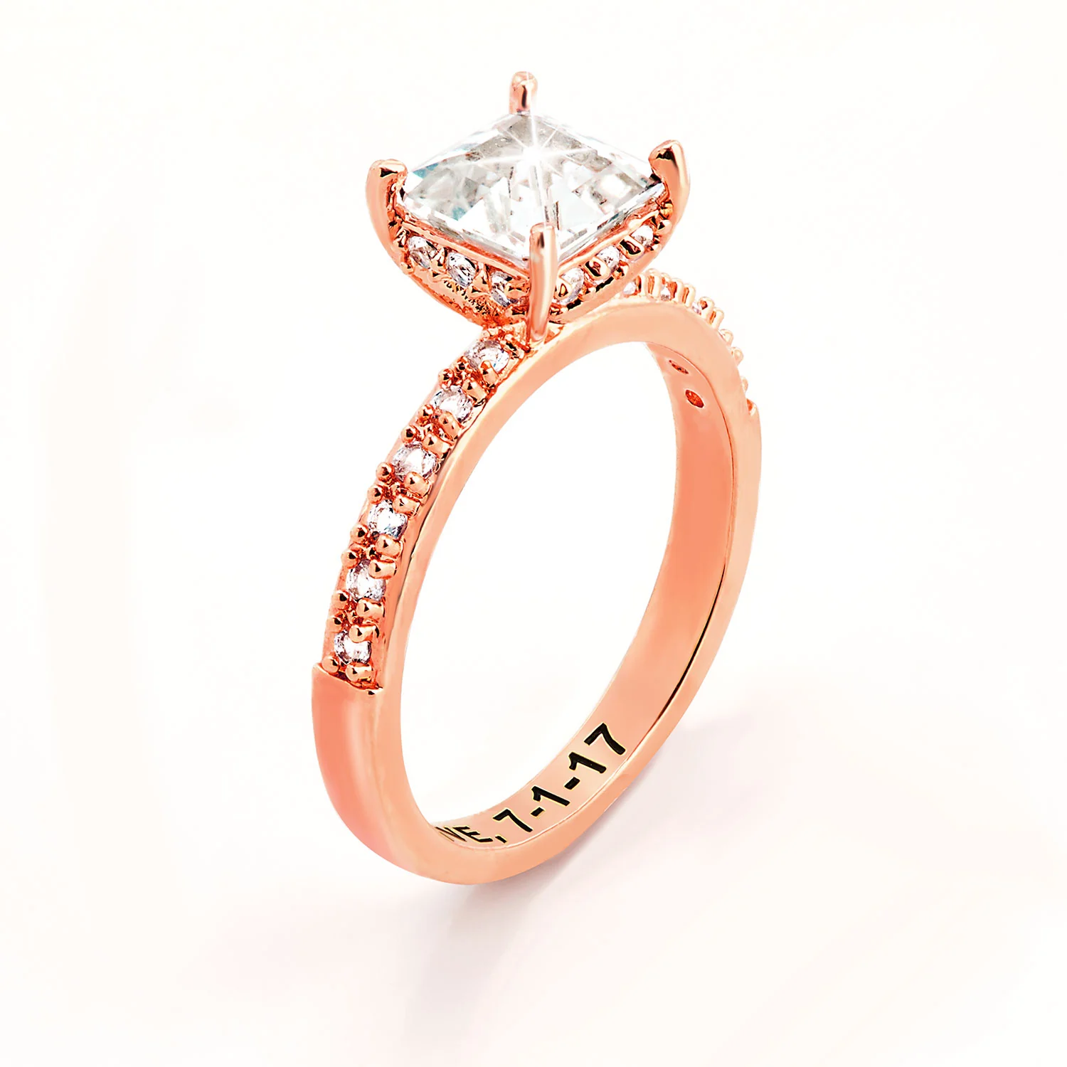 Rose Gold over Sterling Square Hidden Halo White Topaz Pave Band Engagement Ring - Image 4