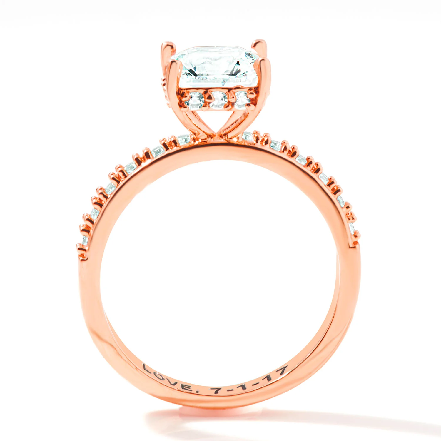 Rose Gold over Sterling Square Hidden Halo White Topaz Pave Band Engagement Ring - Image 5
