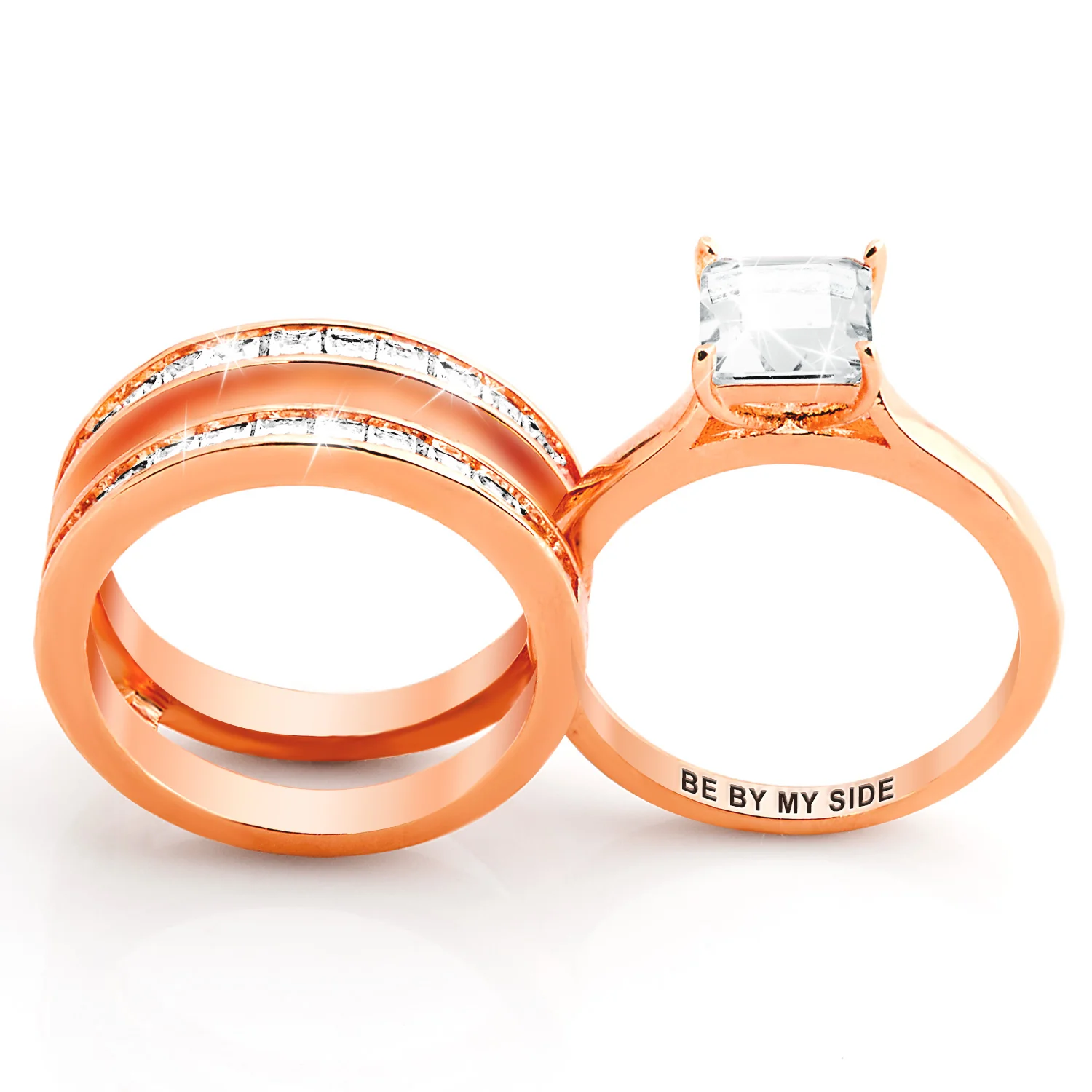 Rose Gold over Sterling Square White Topaz Engraved Enhancer Engagement Ring Set - Image 5