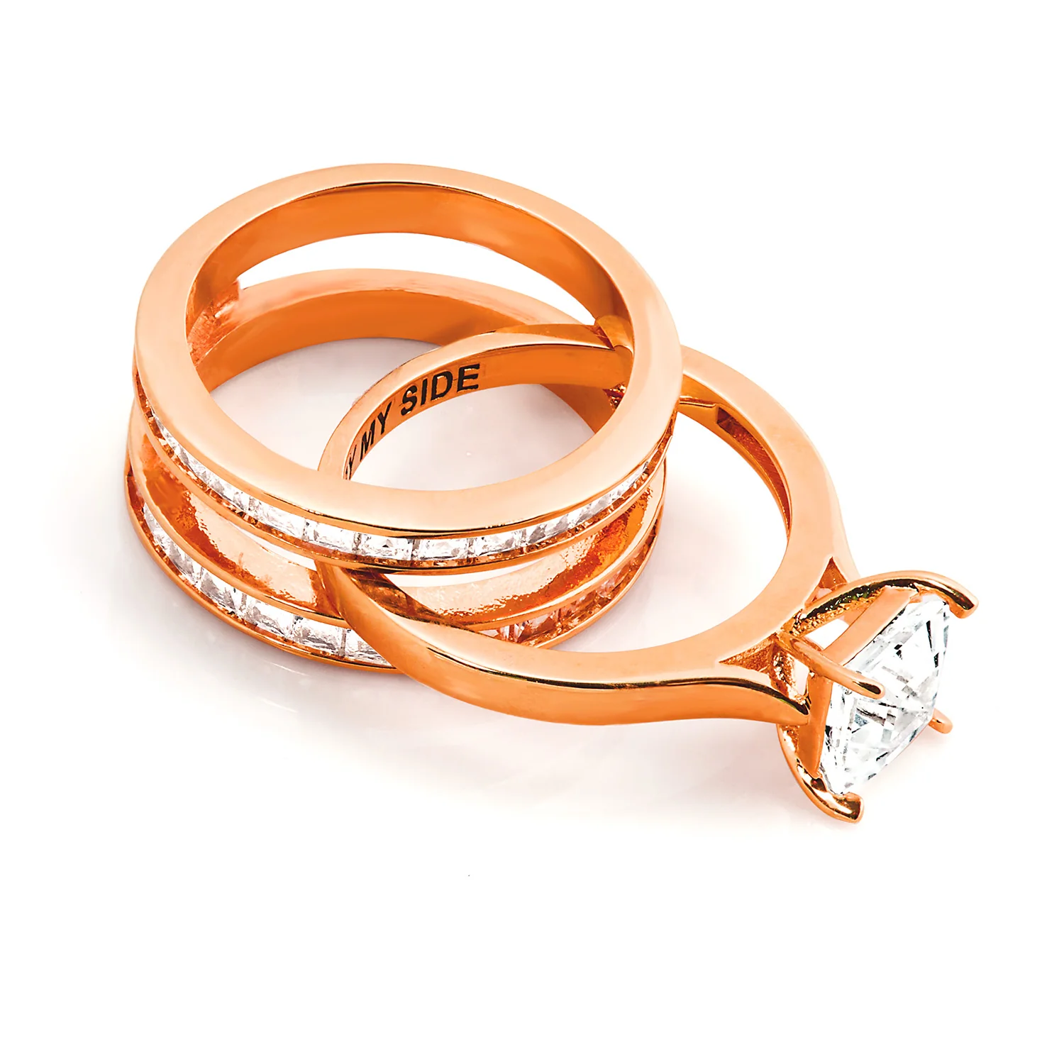 Rose Gold over Sterling Square White Topaz Engraved Enhancer Engagement Ring Set - Image 6