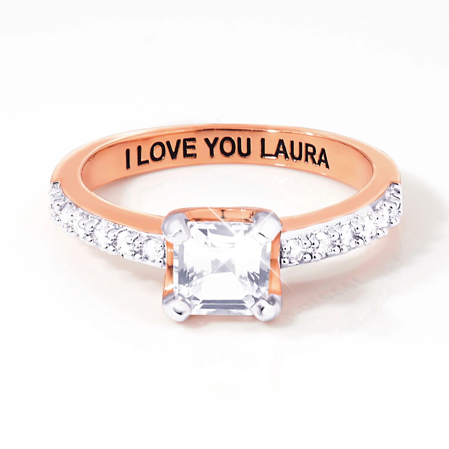Rose Gold over Sterling Square White Topaz Open Heart Engraved Wedding Ring