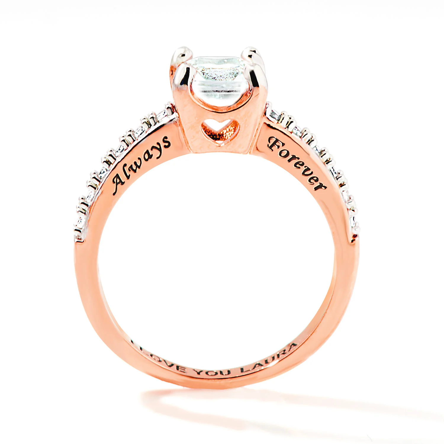 Rose Gold over Sterling Square White Topaz Open Heart Engraved Wedding Ring - Image 5
