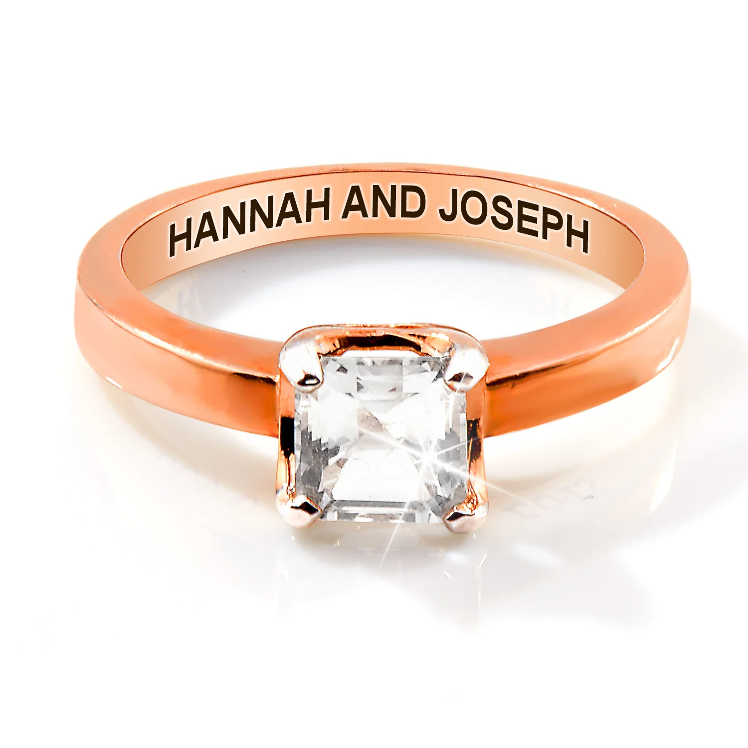 Rose Gold over Sterling Square White Topaz Solitaire Open Heart Engraved Wedding Ring