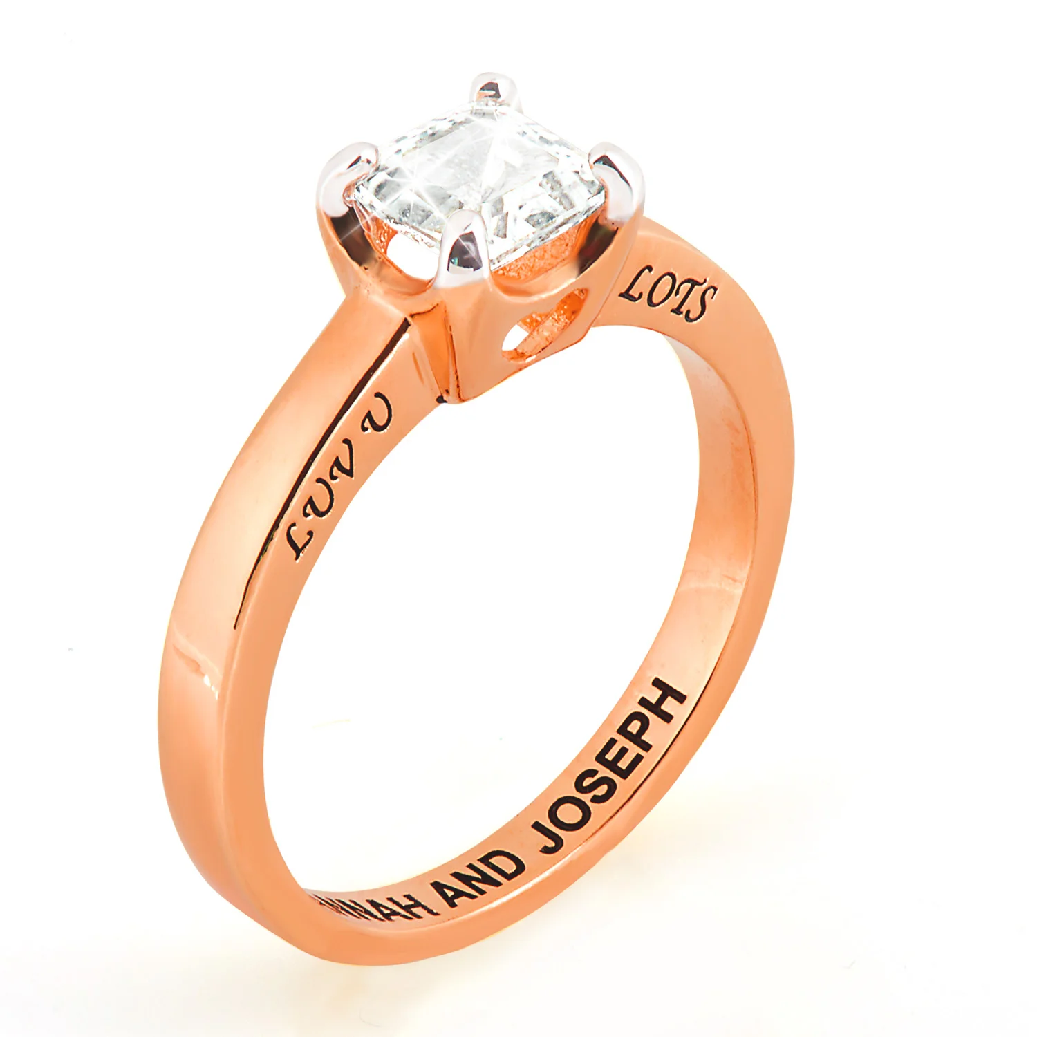 Rose Gold over Sterling Square White Topaz Solitaire Open Heart Engraved Wedding Ring - Image 3