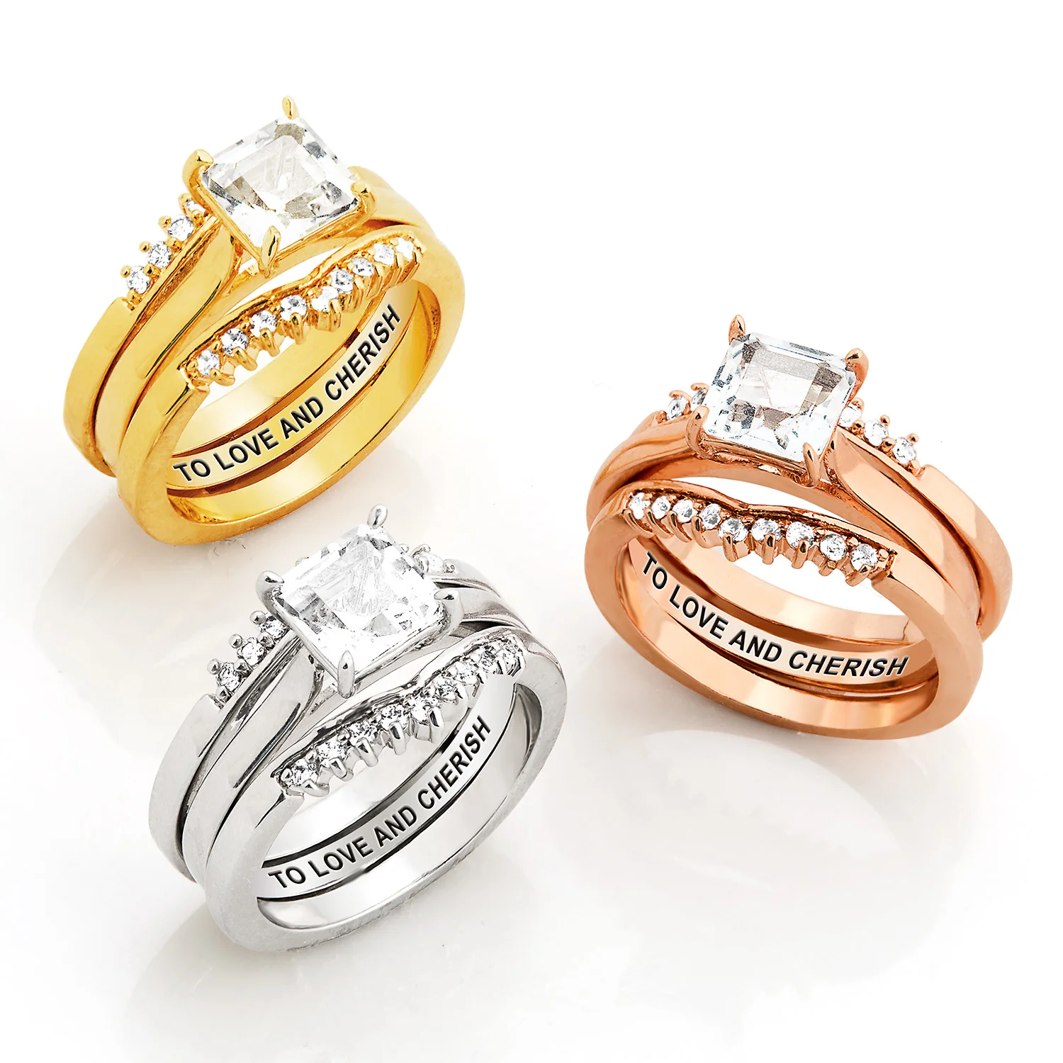 Rose Gold over Sterling Square White Topaz Solitaire with Enhancer Engraved Engagement Ring Set - Image 8