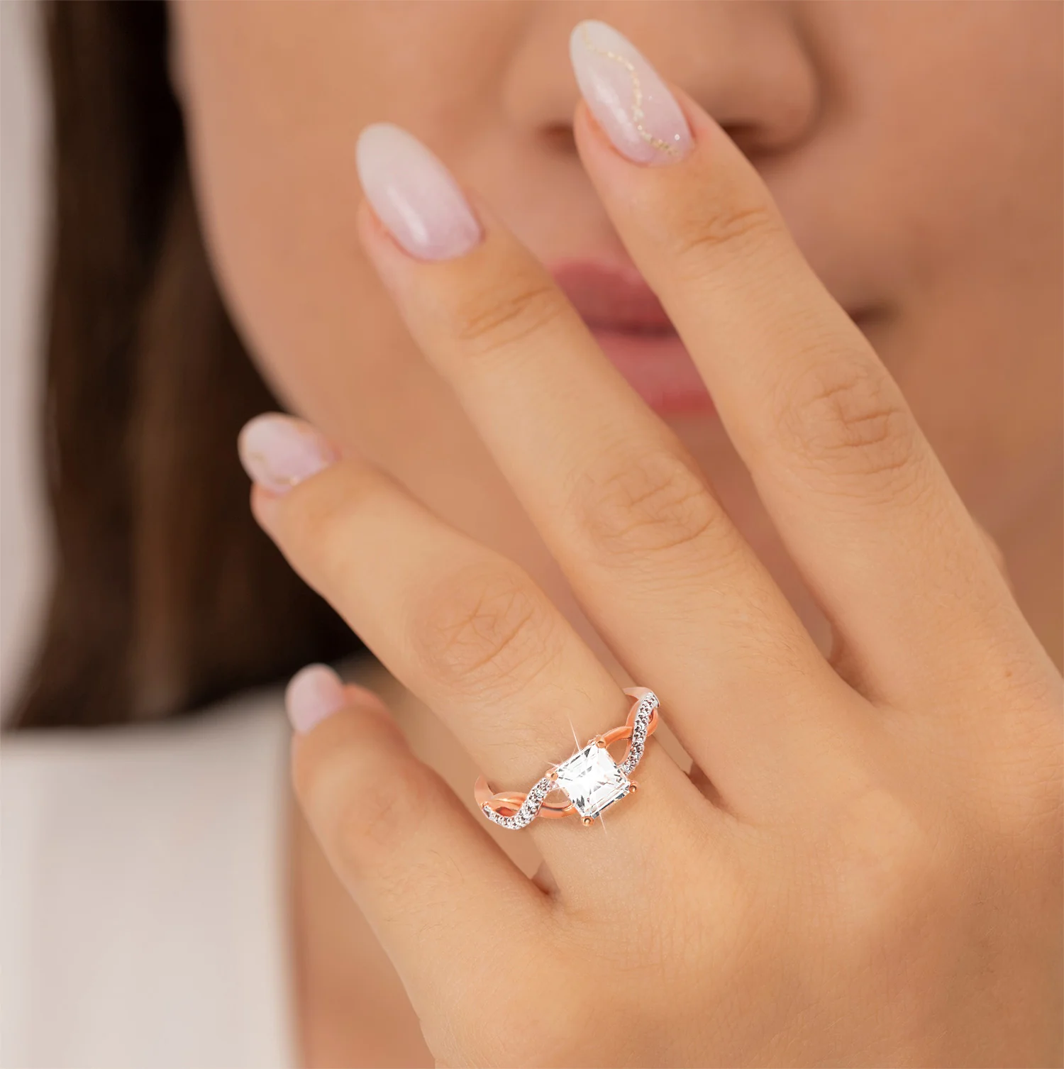 Rose Gold over Sterling Square White Topaz Twist Engagement Ring - Image 2