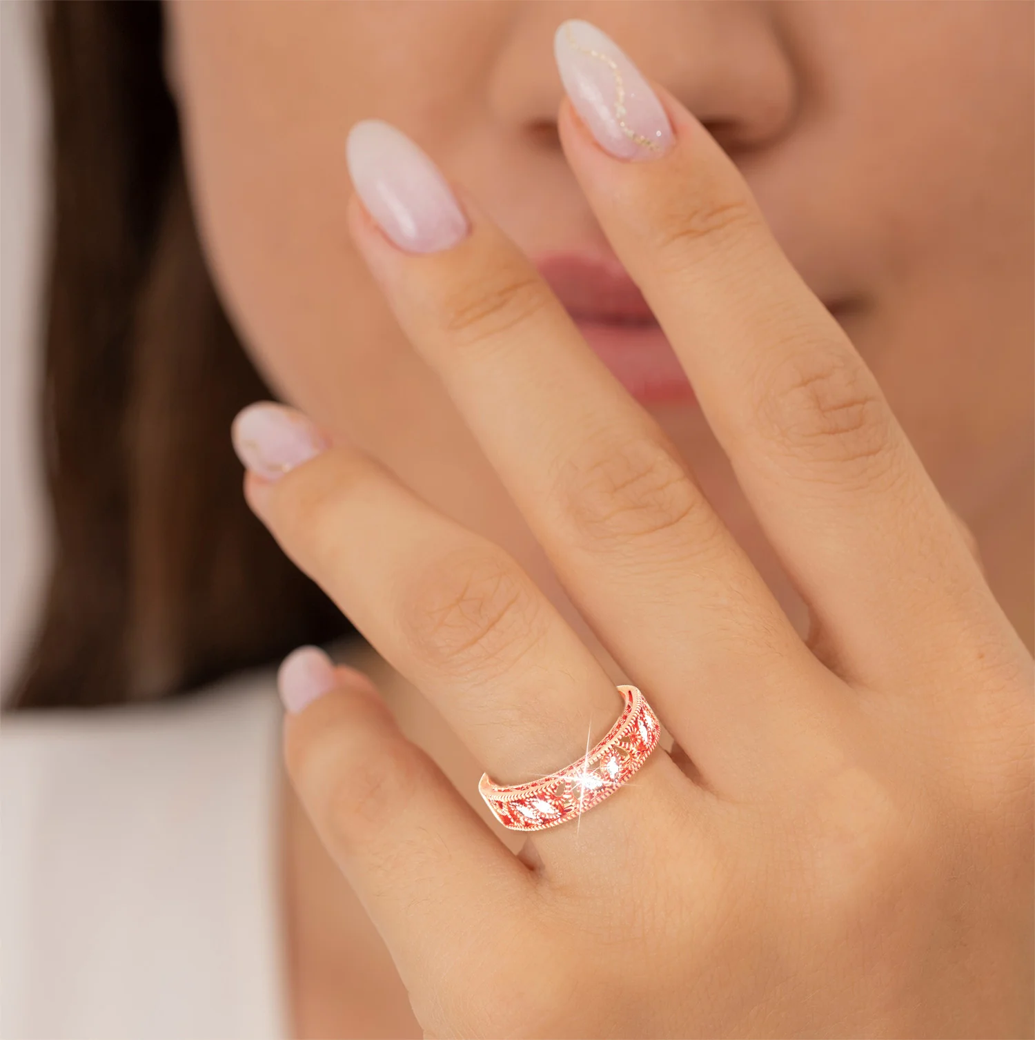 Rose Gold over Sterling Vintage Filigree White Topaz Band Ring - Image 2