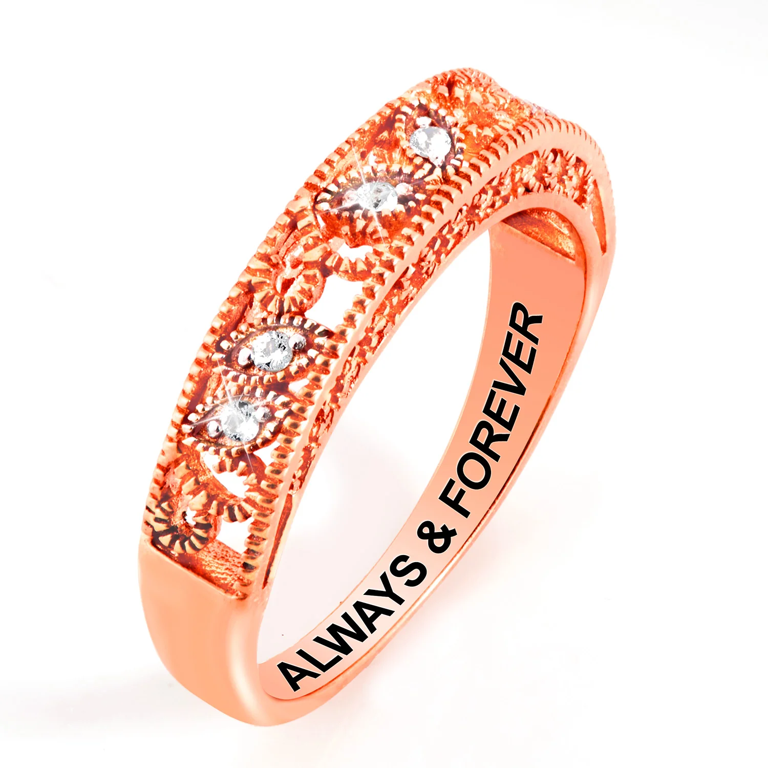 Rose Gold over Sterling Vintage Filigree White Topaz Band Ring - Image 3