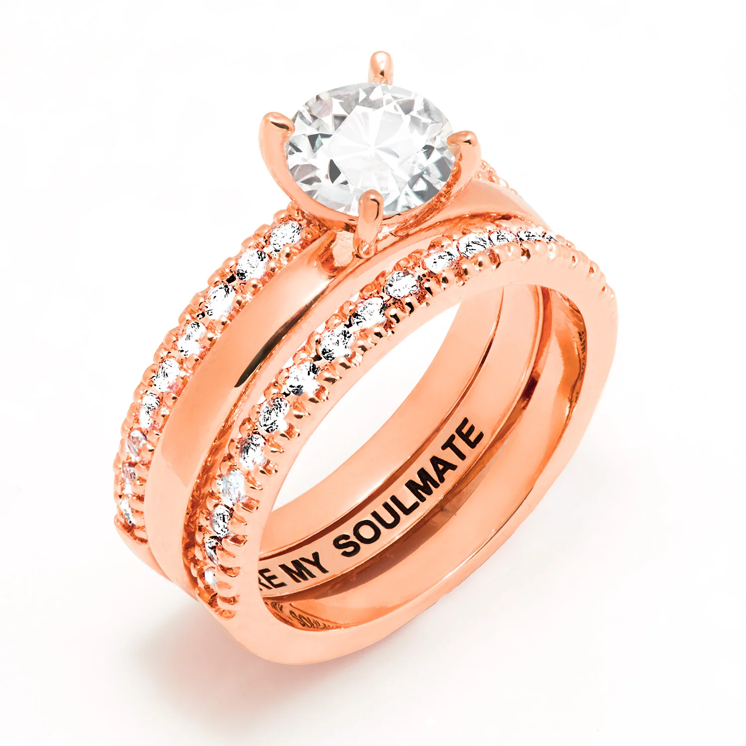 Rose Gold over Sterling White Topaz Solitaire with Enhancer Engraved Engagement Ring Set - Image 6
