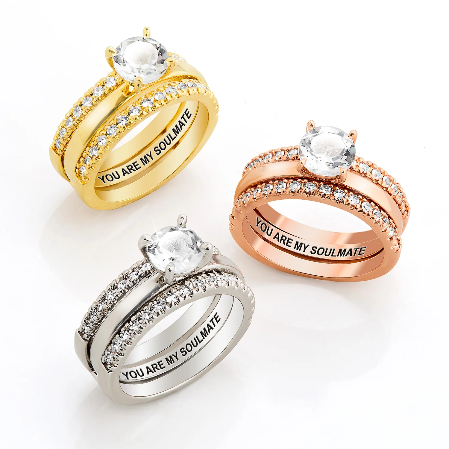 Rose Gold over Sterling White Topaz Solitaire with Enhancer Engraved Engagement Ring Set - Image 8