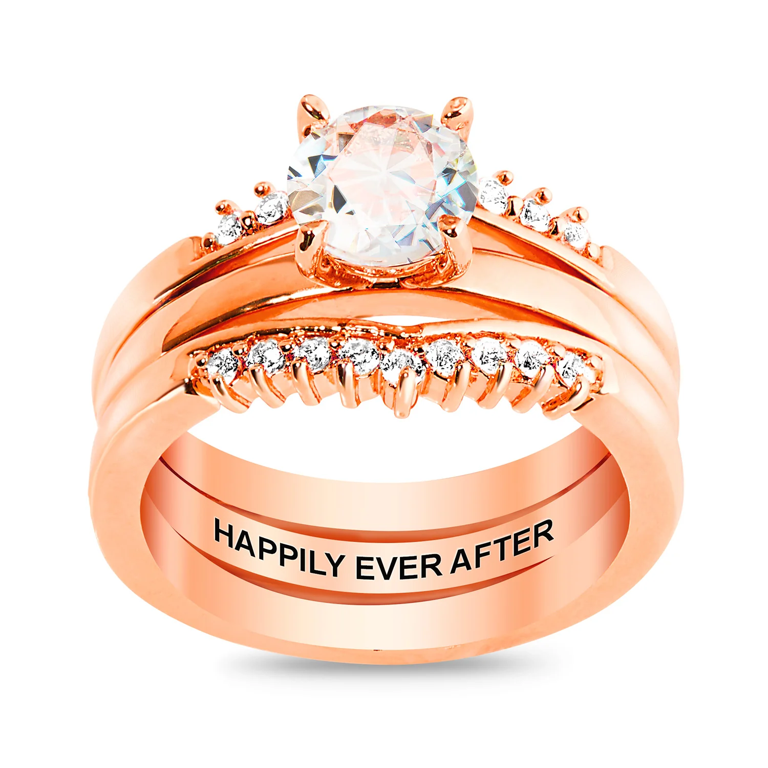 Rose Gold over Sterling White Topaz Solitaire with Enhancer Engraved Engagement Ring Set - Image 4
