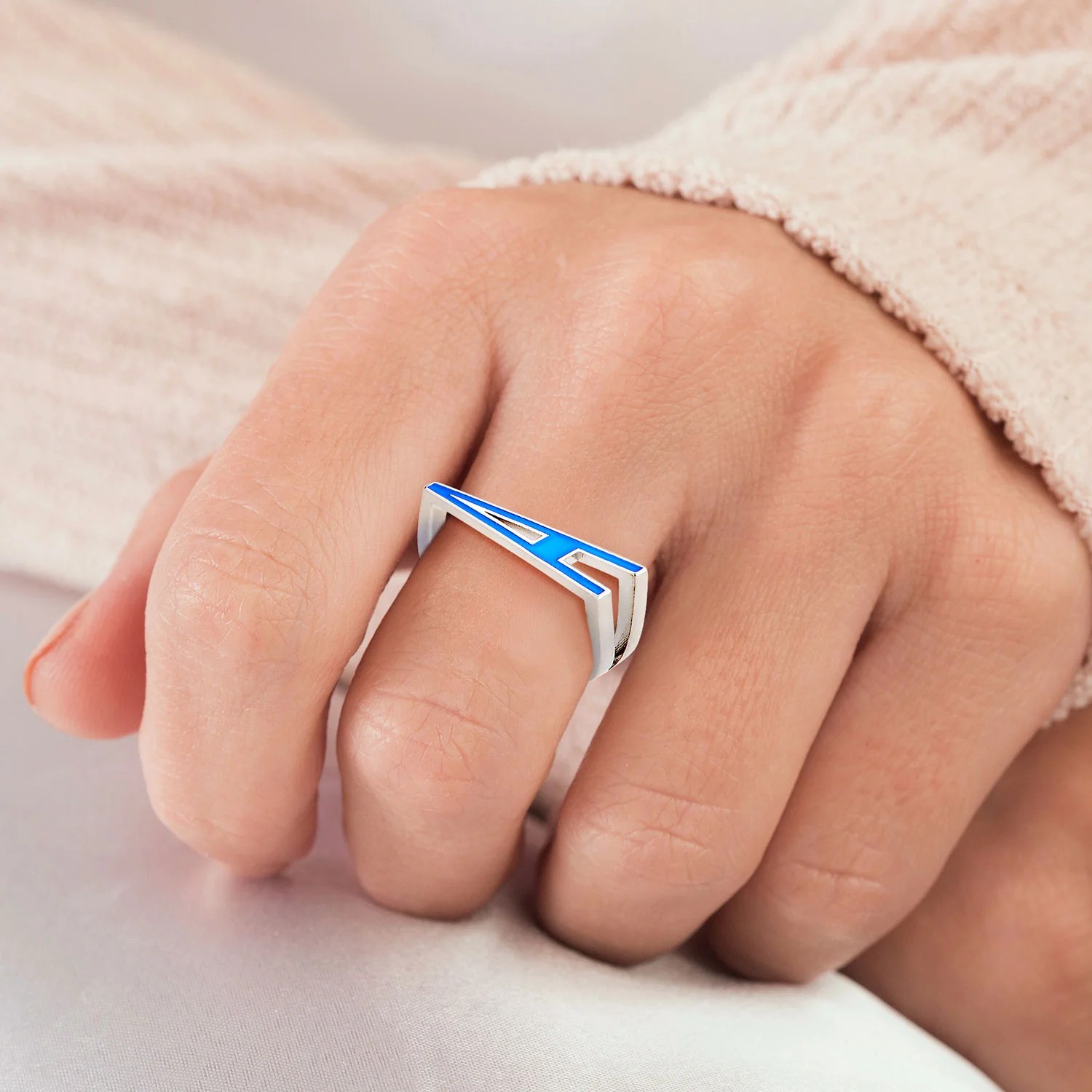 Rose Gold Plated Bold Birthmonth Enamel Horizontal Initial Ring - Image 4